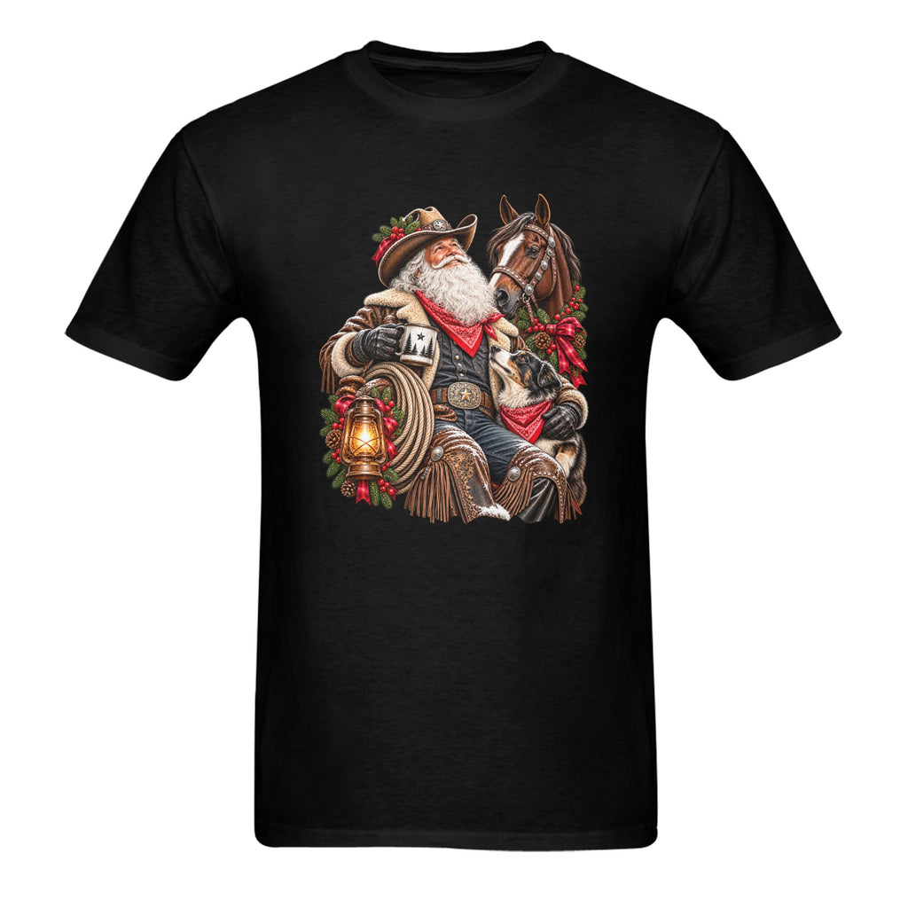 Cowboy Santa Men’s Christmas Tee – Western Ranch Santa Horse & Dog Holiday Shirt                                                                                           （Made in USA，Ships to USA Only）