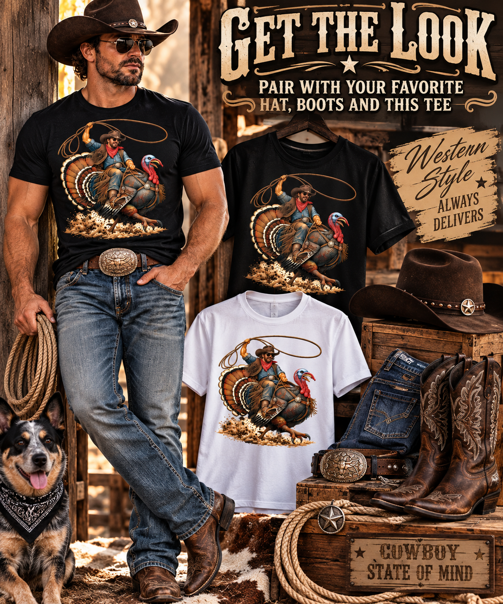 Wild Turkey Rodeo Men’s Western Tee Cowboy funny Graphic🦃
