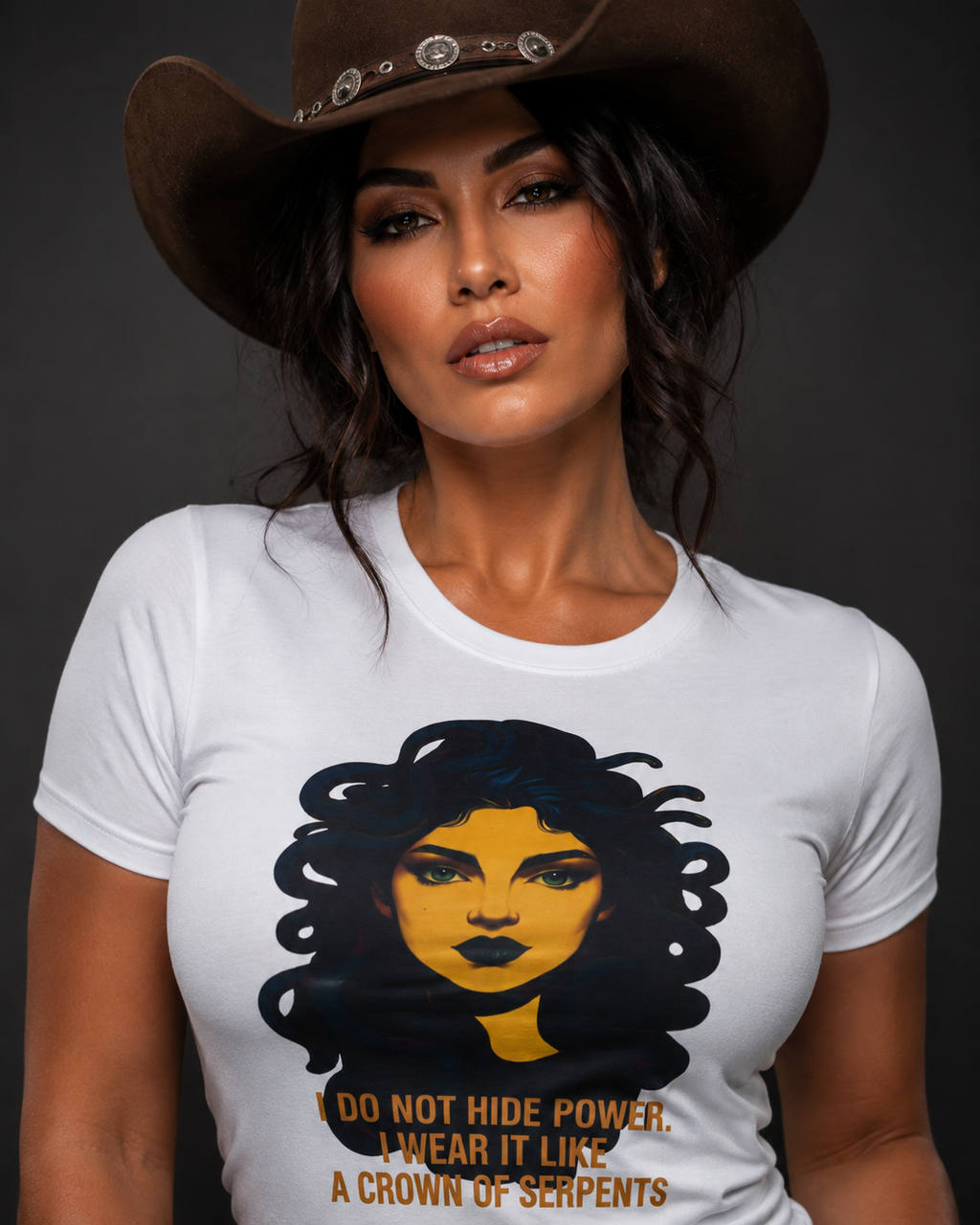 "I Do Not Hide Power. I Wear It Like a Crown of Serpents" Medusa T-Shirt — Bold Golden Empowerment Strong Woman Affirmation Tee | Wolf Hill Designs