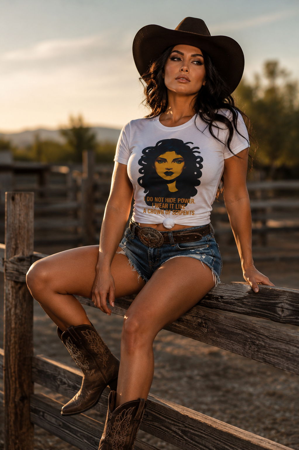 "I Do Not Hide Power. I Wear It Like a Crown of Serpents" Medusa T-Shirt — Bold Golden Empowerment Strong Woman Affirmation Tee | Wolf Hill Designs
