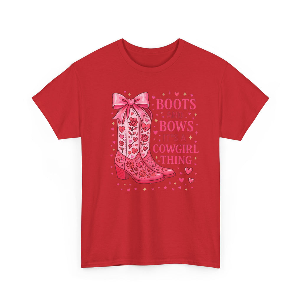 Cowgirl Boots and Bows T‑Shirt — "Boots and Bows, It's a Cowgirl Thing" Pink Western Tee  Trendy Farm