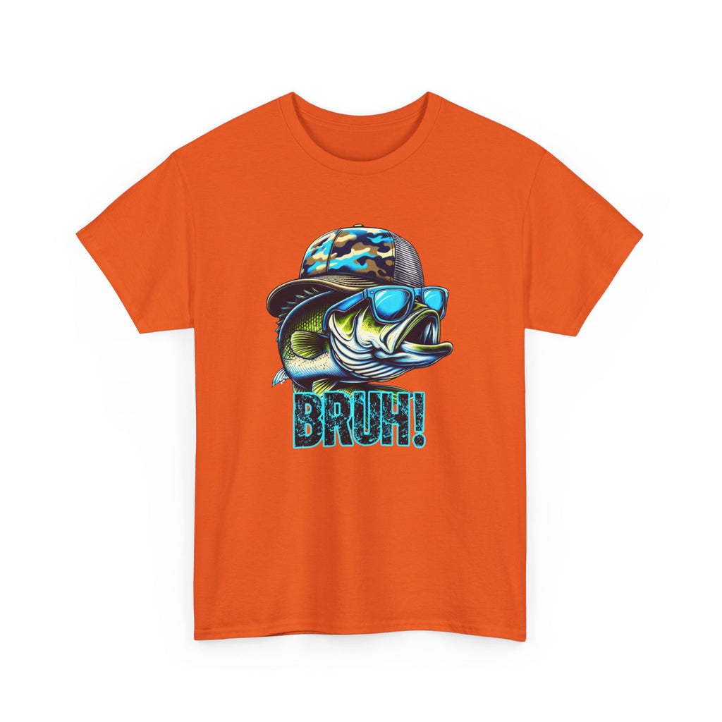 Fishing Fish Graphic Tee — 'BRUH!' Bass with Camo Hat & Sunglasses