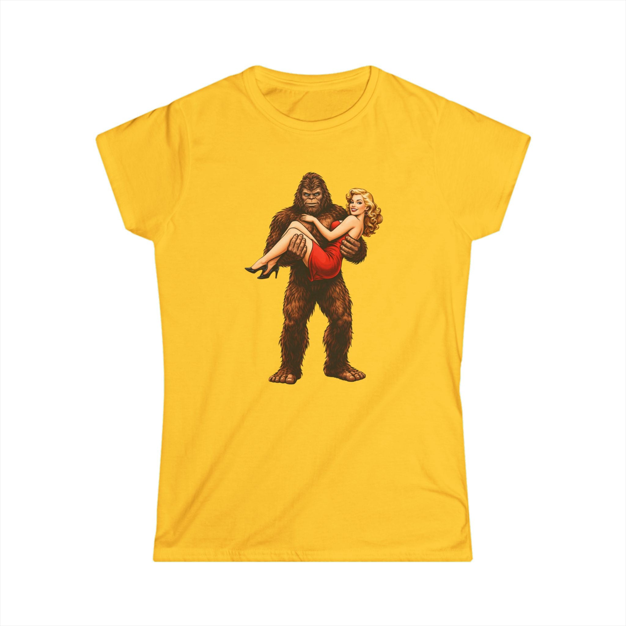 Bigfoot Carrying Pin-Up Girl T-Shirt — Retro Sasquatch Vintage Pinup Tee