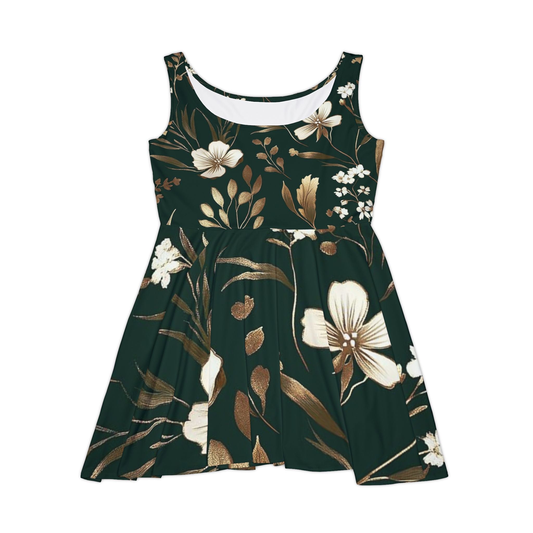 Floral Skater Dress - Dark Green Vintage Blossom Print