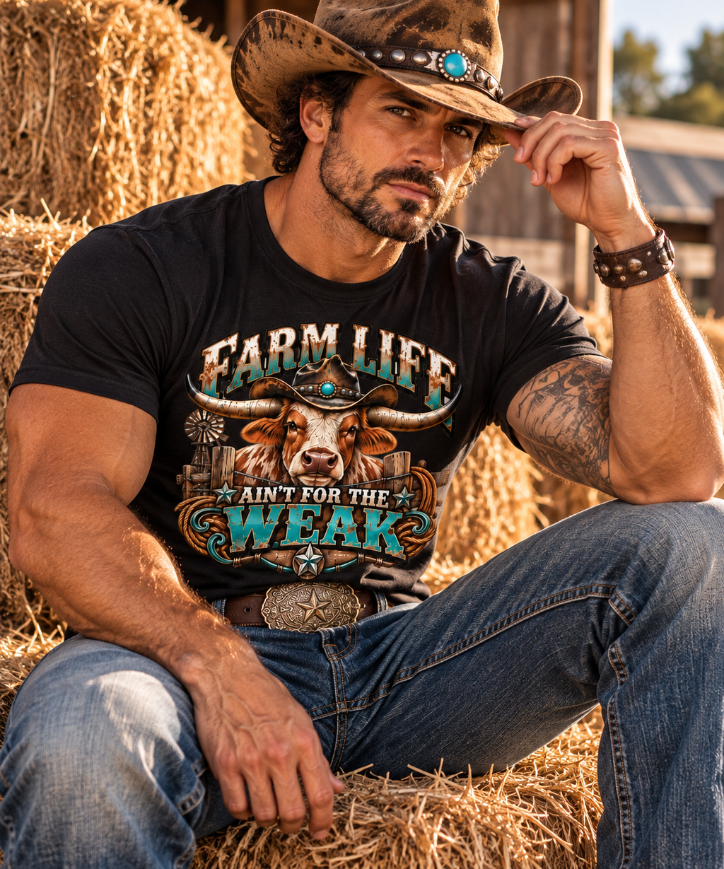 Farm Life Ain’t for the Weak Men’s Western T-Shirt – Longhorn Cowboy Ranch Graphic Tee