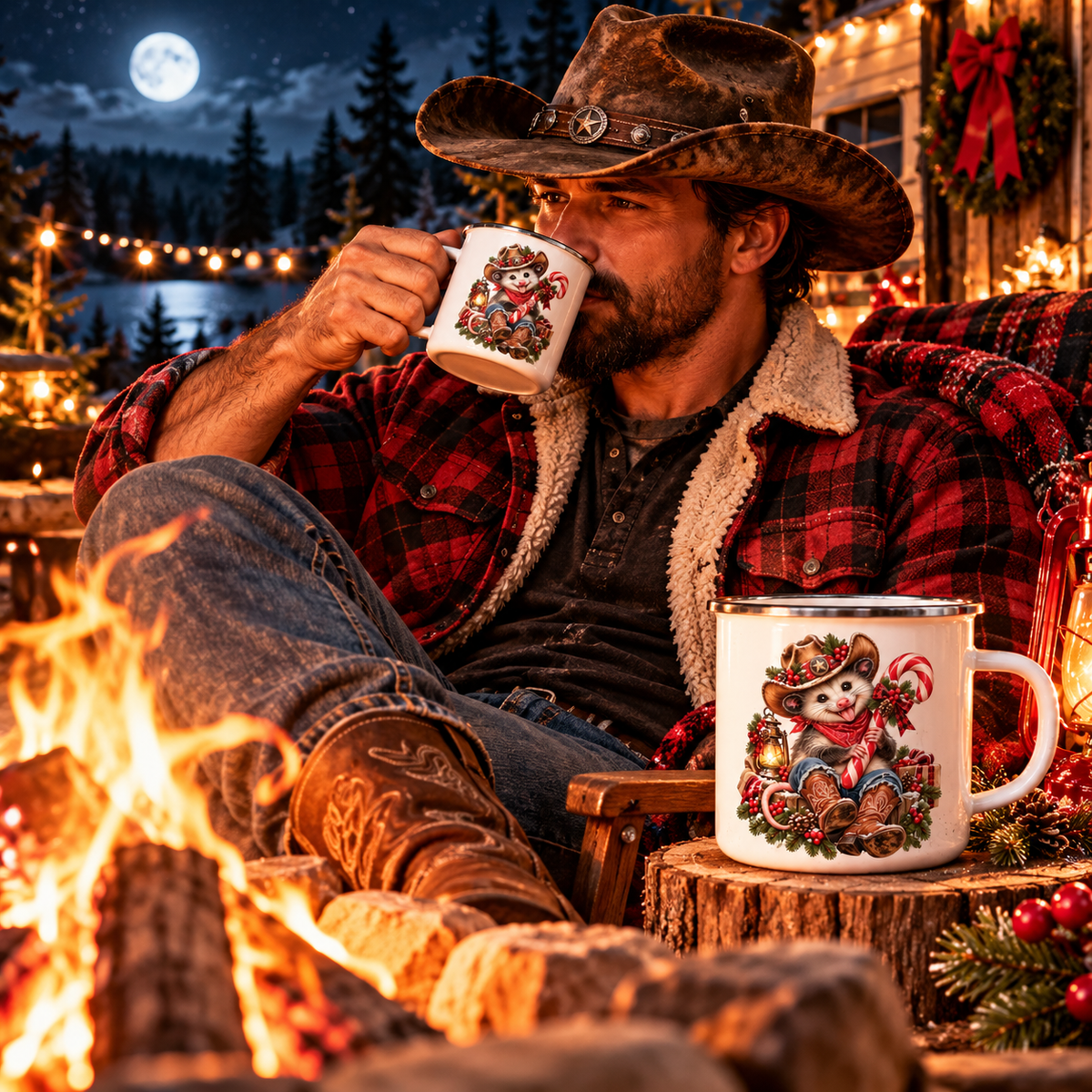 Pete the Possum Christmas Enamel Camping Mug – Western Cowboy Holiday Camp Cup 🎄🤠☕