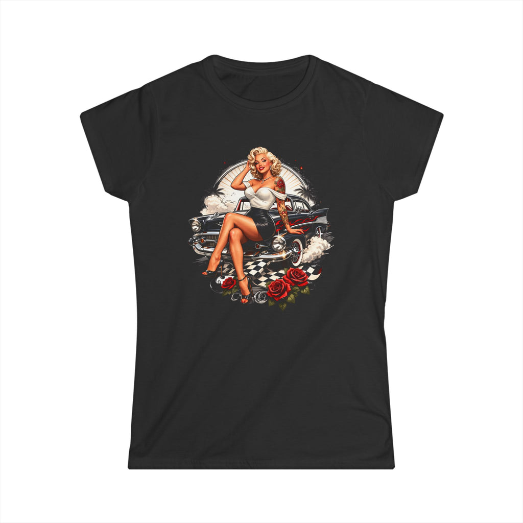 Pinup Car Girl T‑Shirt — Vintage Pin-Up Graphic Tee with Classic Car & Roses Ladies