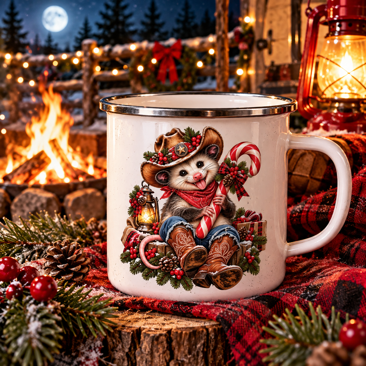 Pete the Possum Christmas Enamel Camping Mug – Western Cowboy Holiday Camp Cup 🎄🤠☕