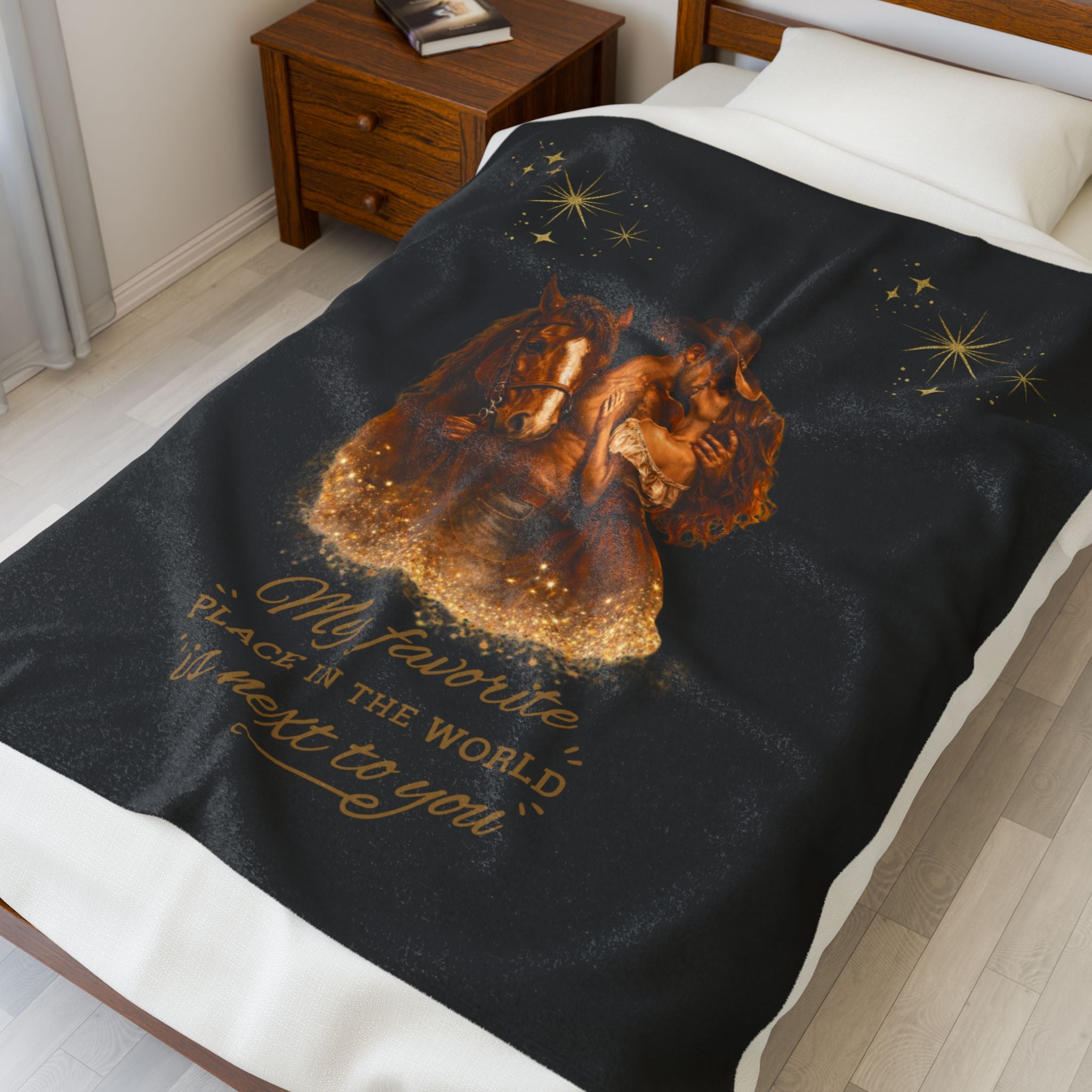 Romantic Cowboy & Horse Velveteen Plush Blanket — “My favorite place in the world is next to you”   Featuring Cody Dust & Desire Collection