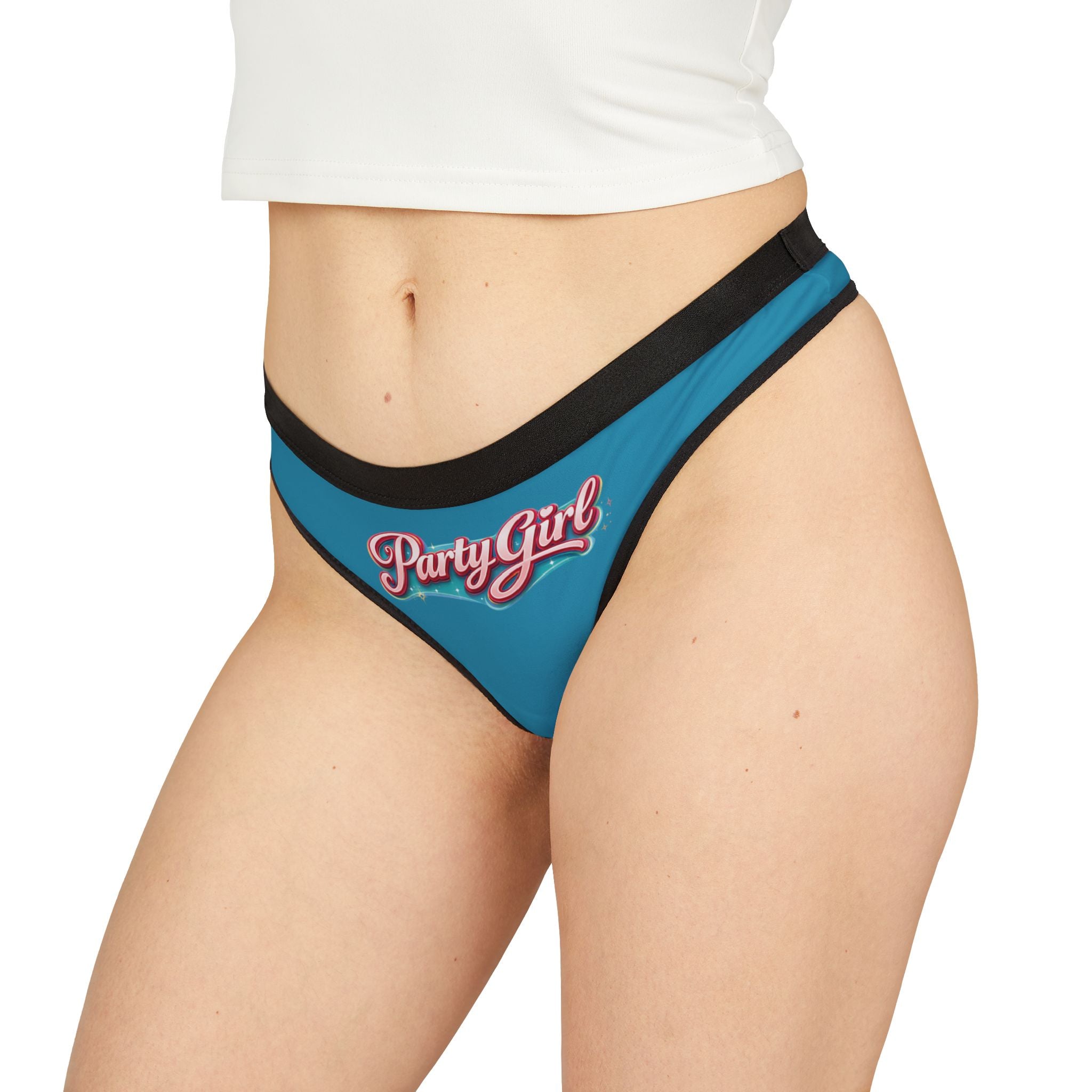 Party Girl Thong — Women's Blue Retro Script Bikini Panty