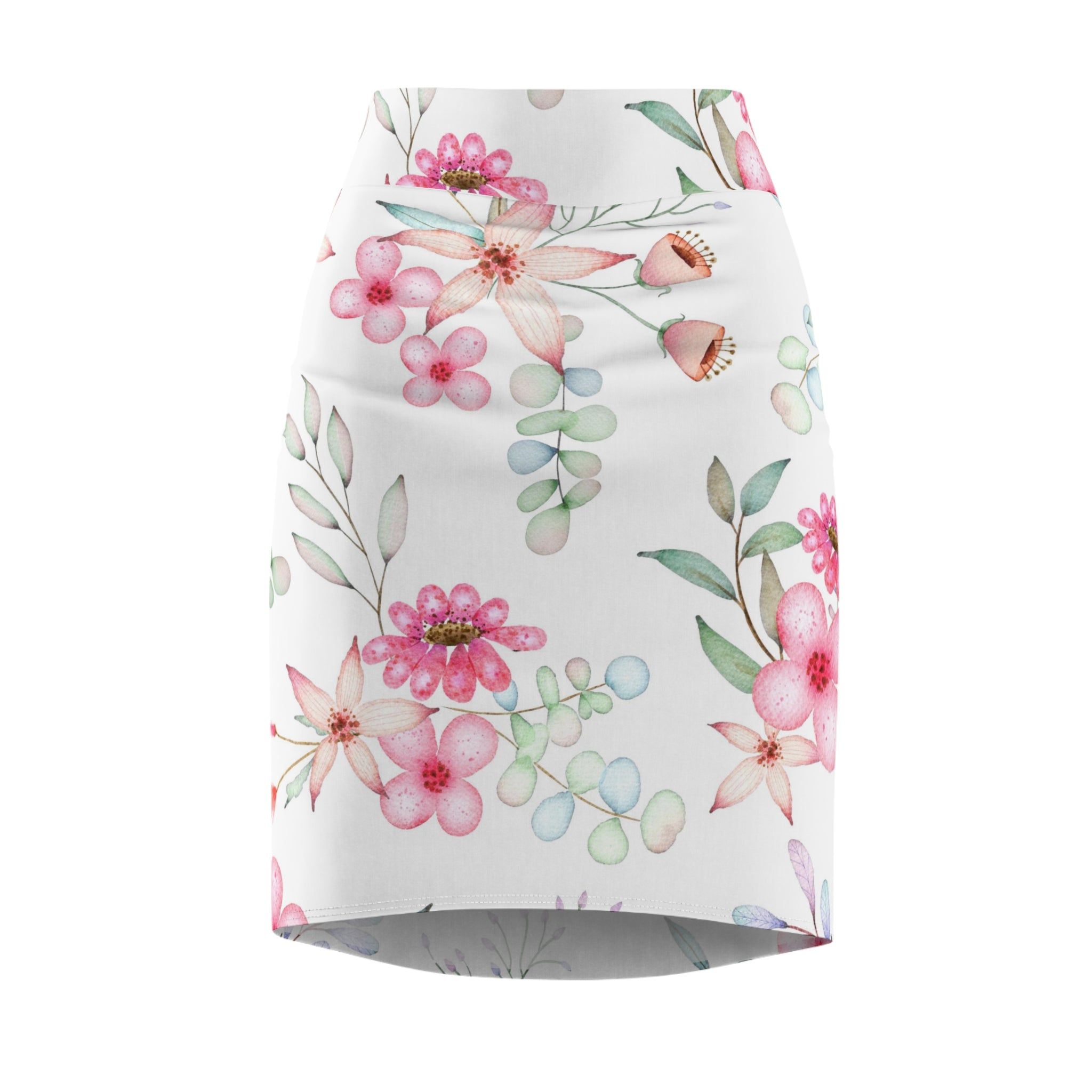Floral Watercolor Pencil Skirt — Pink Garden Print