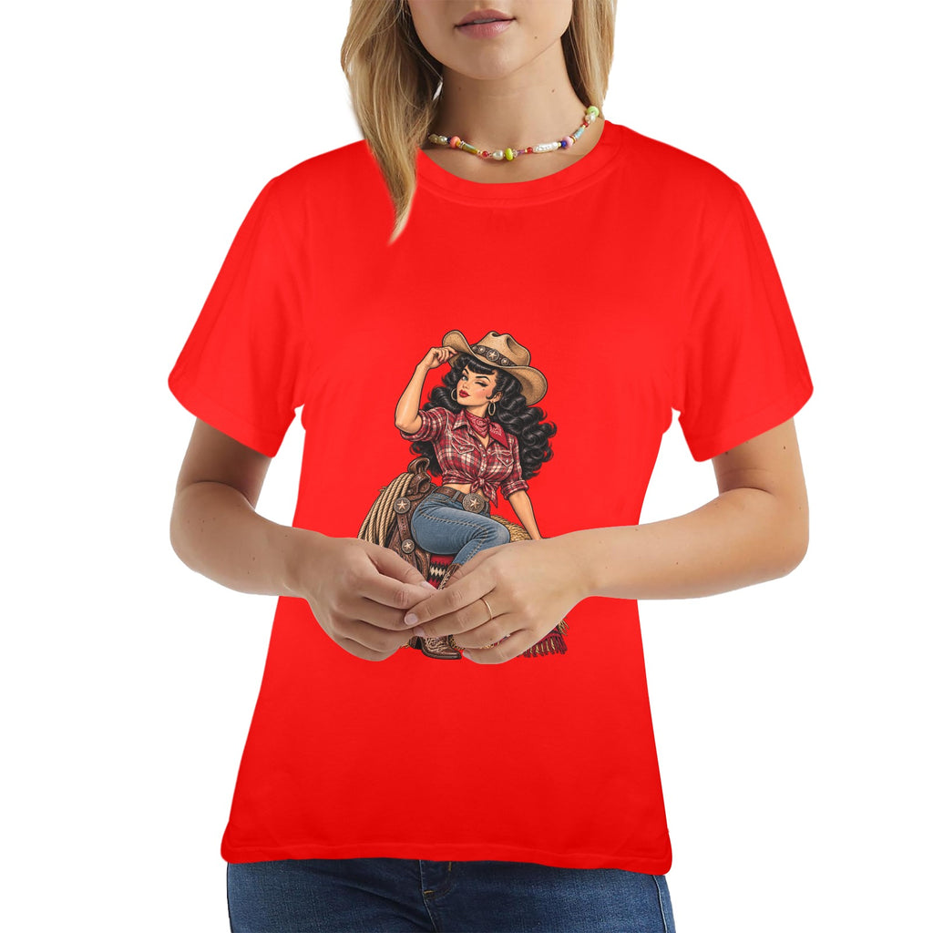 Red Plaid Rebel Cowgirl Women's T-Shirt — Retro Western Pin-Up Graphic Tee
