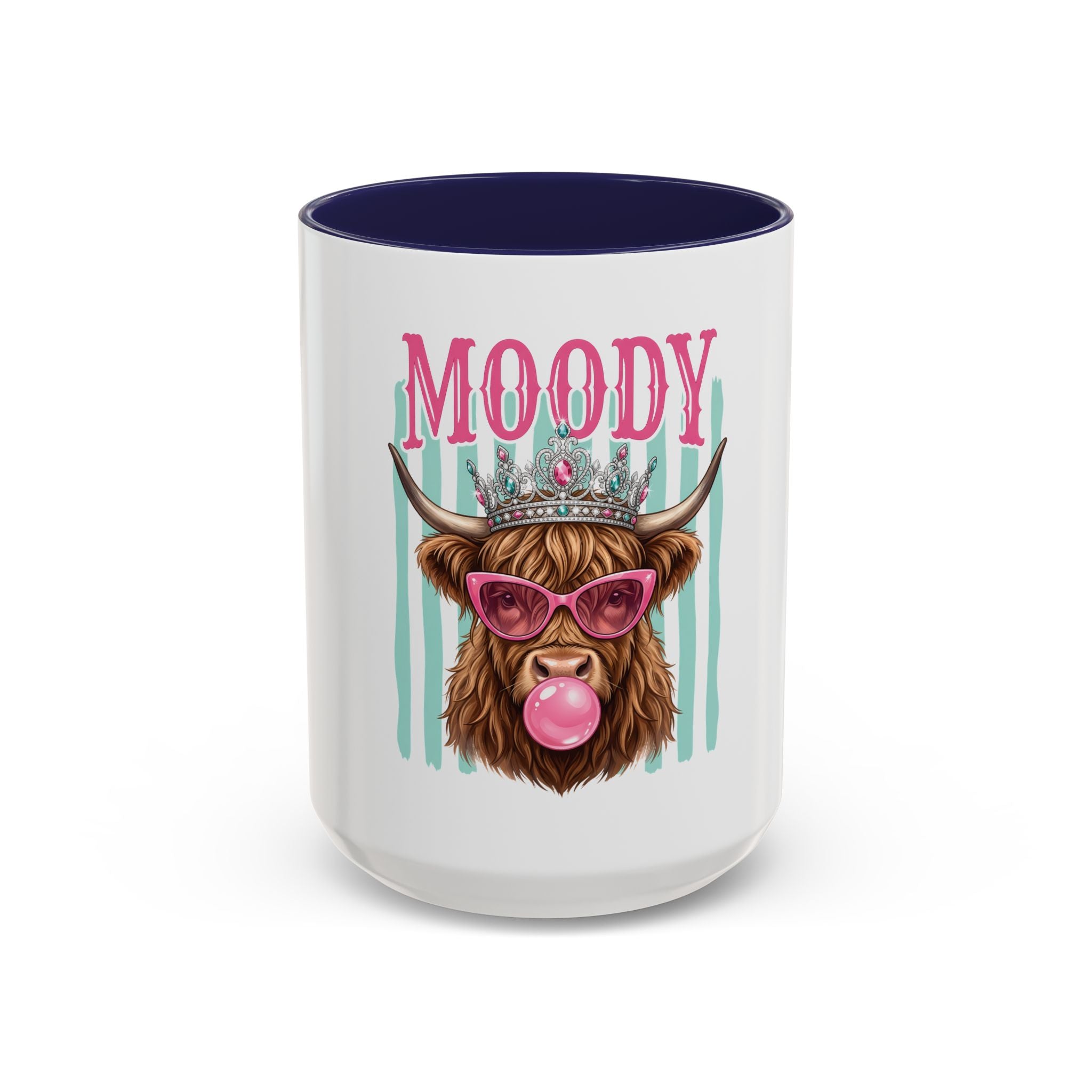 Moody Highland Cow Coffee Mug — Funny Crowned Cow with Bubblegum | Gift for Cow Lovers