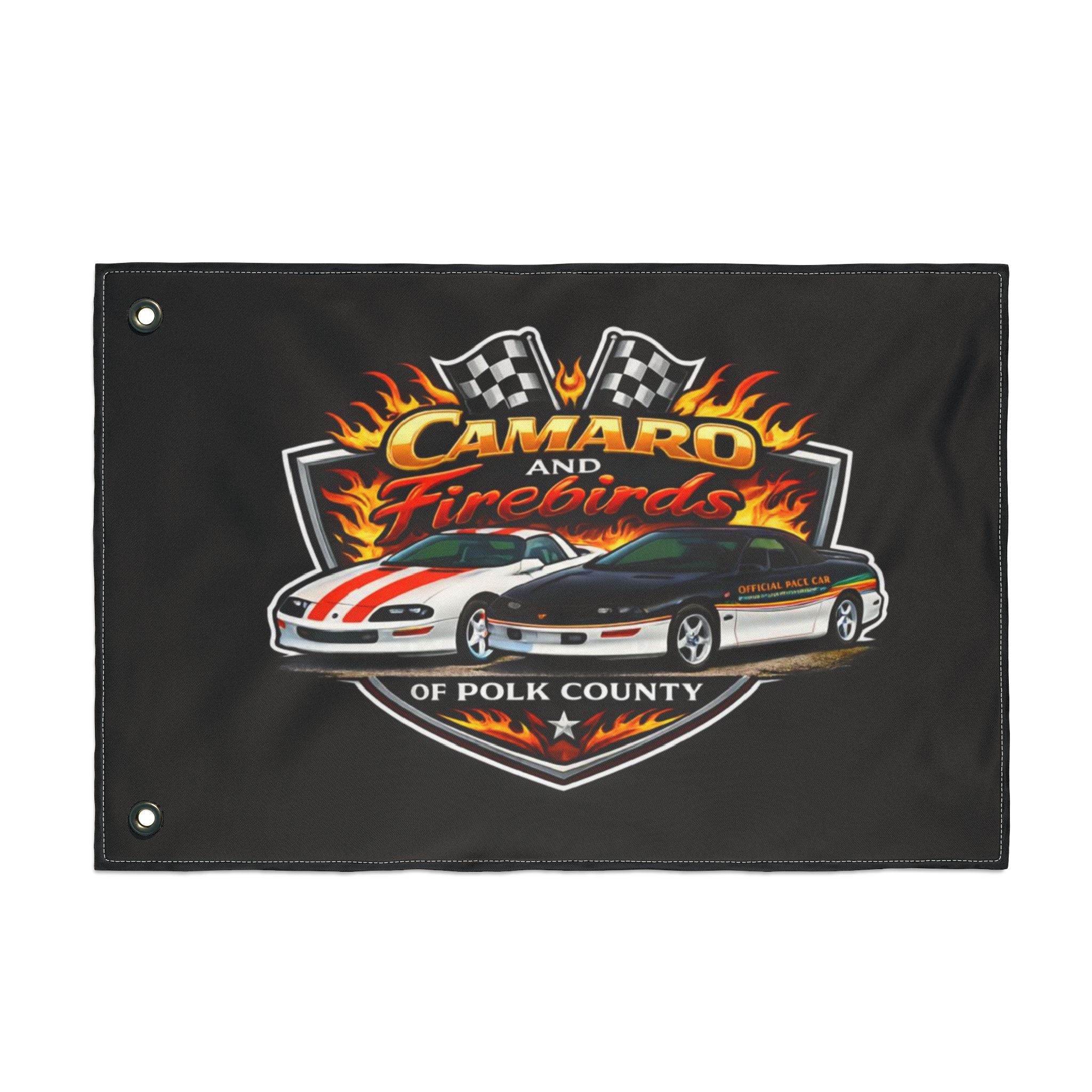 Camaro & Firebirds Double-Sided Car Flag — Polk County Racing Emblem