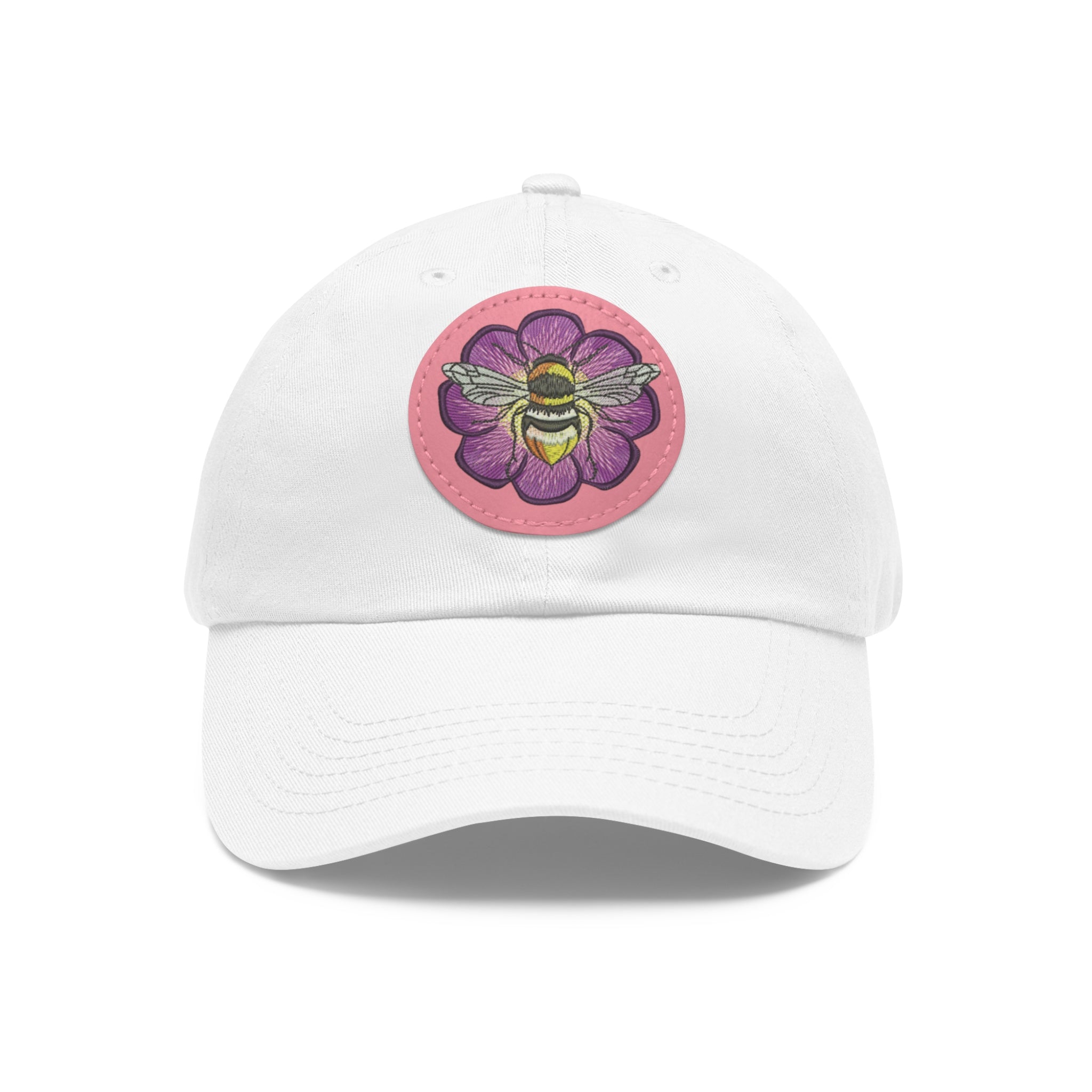 Bee on Purple Flower Leather Patch Dad Hat — Embroidered Nature Cap