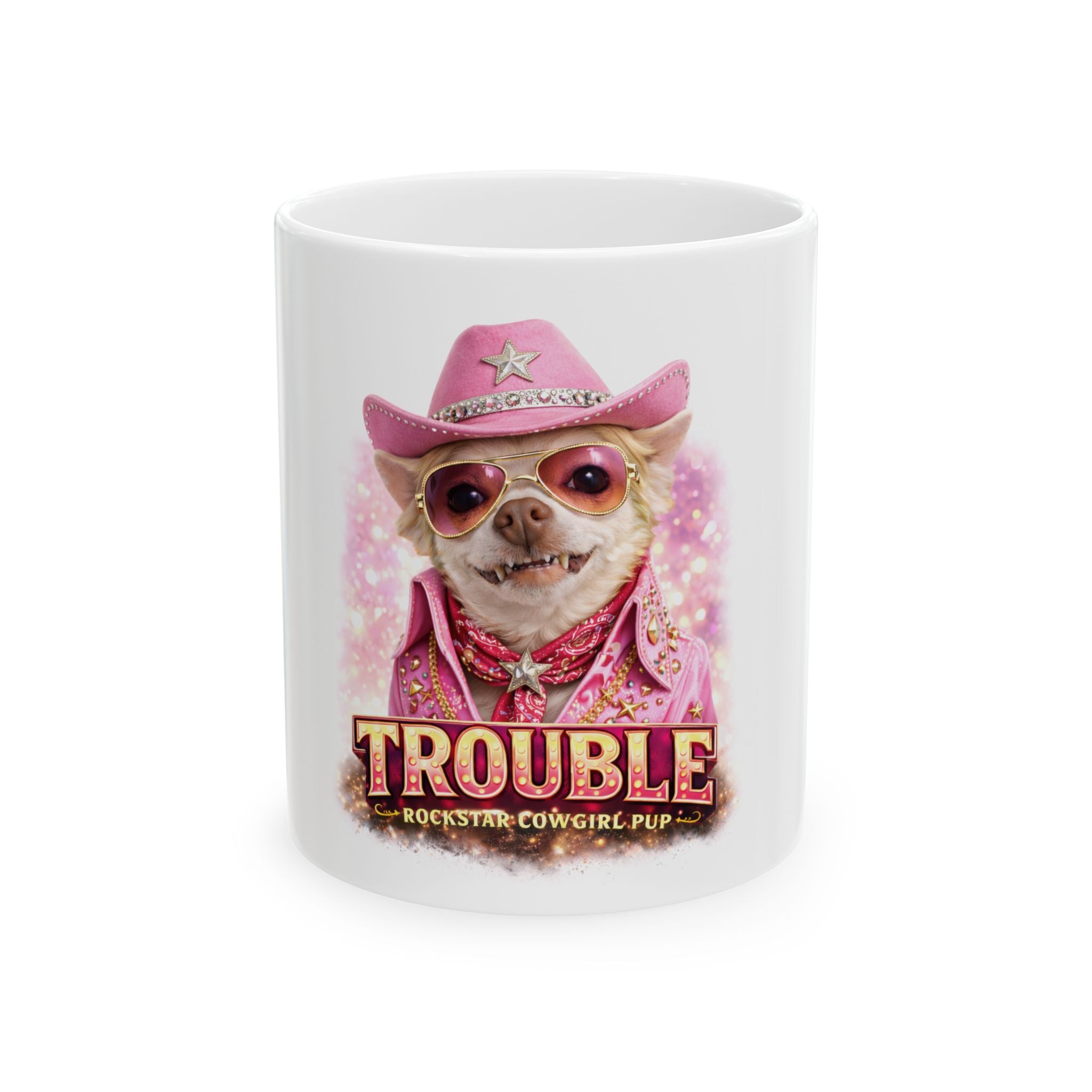 Trouble Rockstar Cowgirl Pup Ceramic Mug (11oz & 15oz) — Funny Chihuahua Coffee Cup