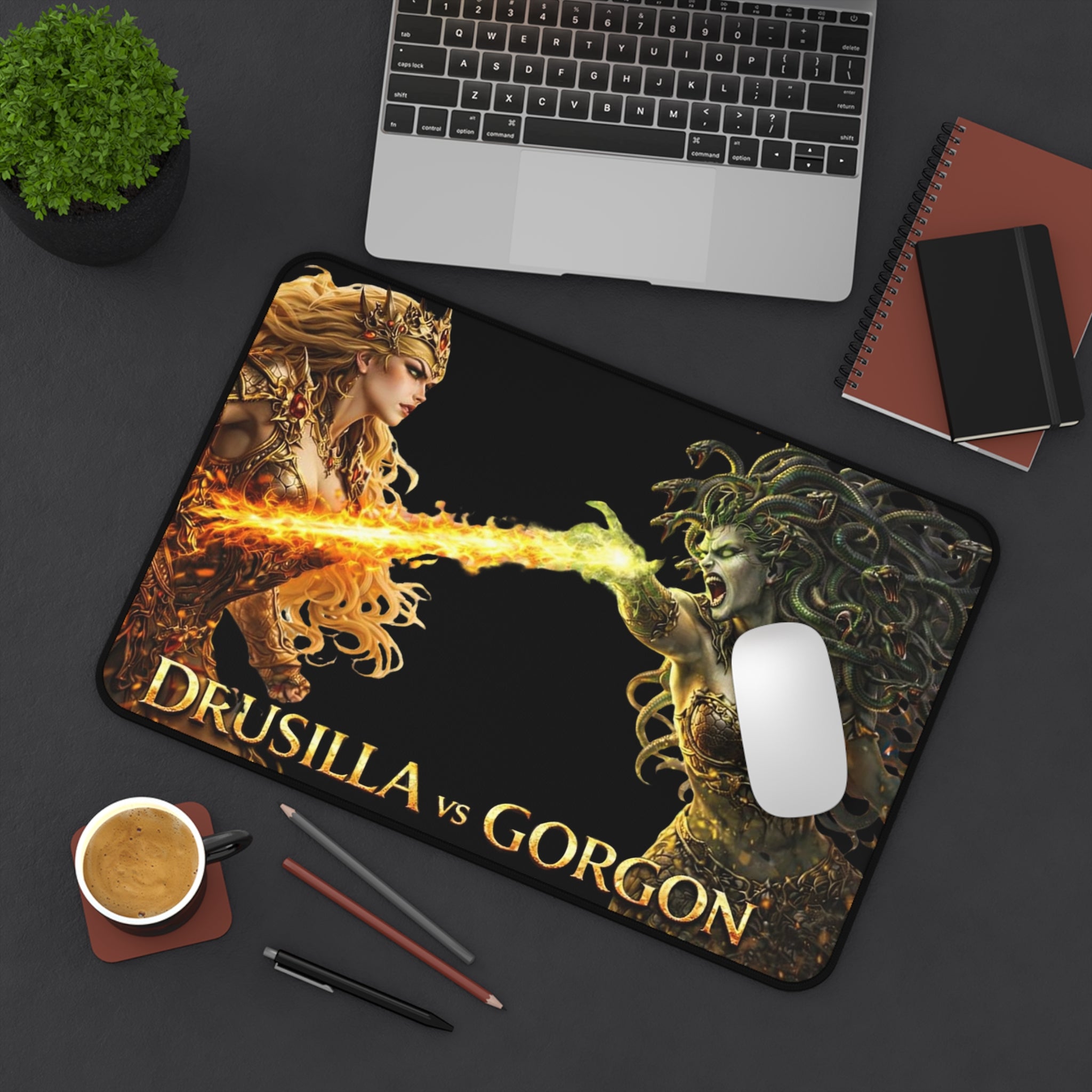 Drusilla vs Gorgon Fantasy Desk Mat — Epic Battle Gaming Mouse Pad