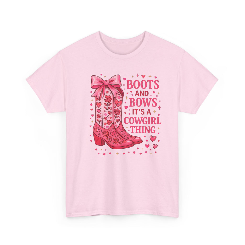 Cowgirl Boots and Bows T‑Shirt — "Boots and Bows, It's a Cowgirl Thing" Pink Western Tee  Trendy Farm