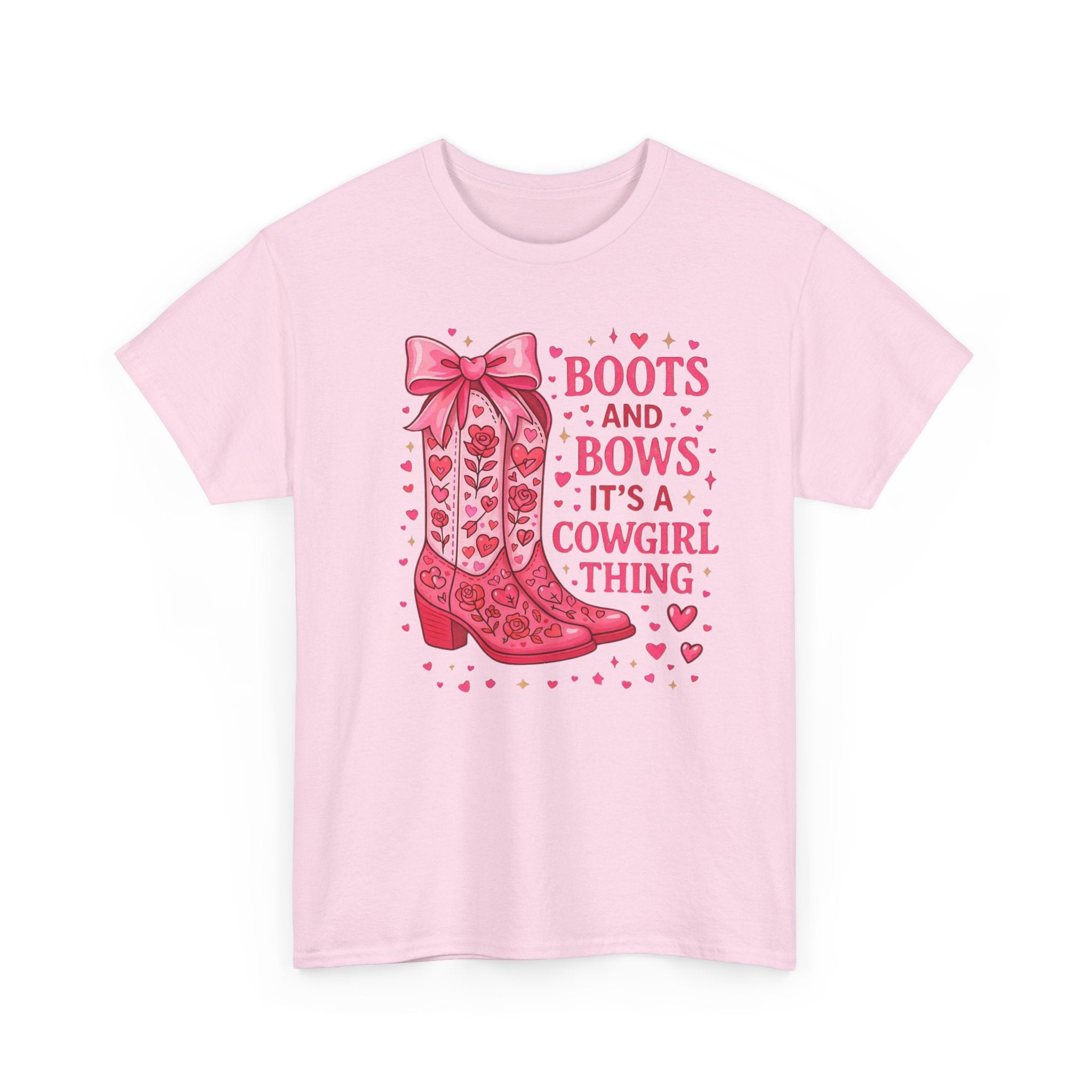 Cowgirl Boots and Bows T‑Shirt — "Boots and Bows, It's a Cowgirl Thing" Pink Western Tee  Trendy Farm