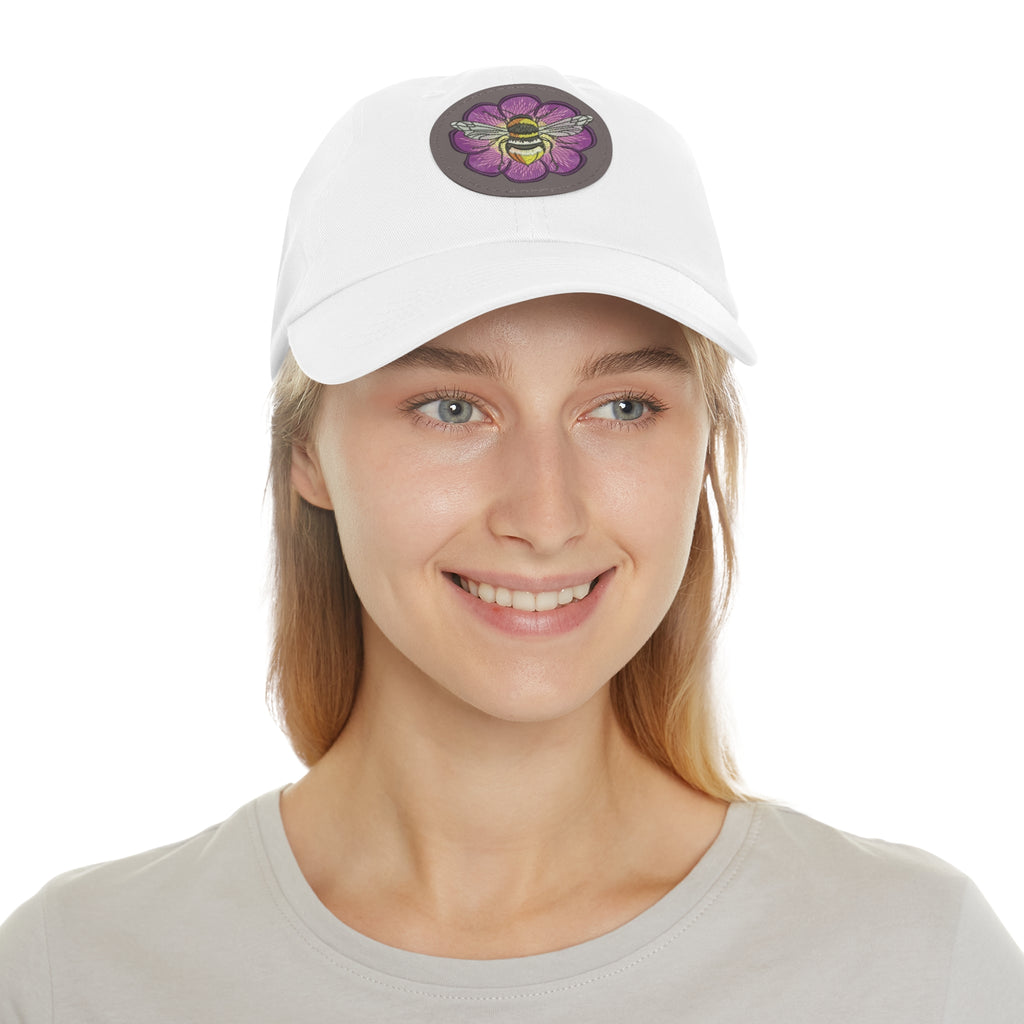Bee on Purple Flower Leather Patch Dad Hat — Embroidered Nature Cap