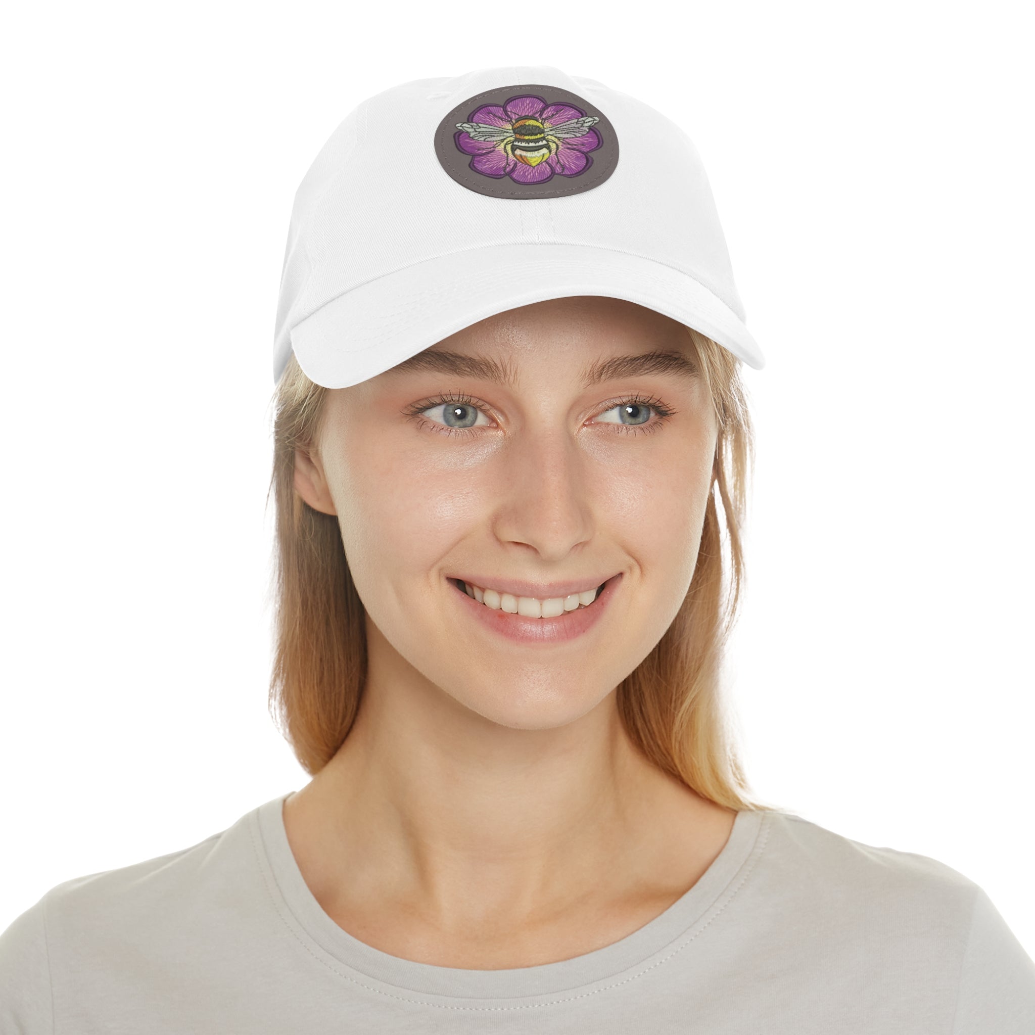 Bee on Purple Flower Leather Patch Dad Hat — Embroidered Nature Cap