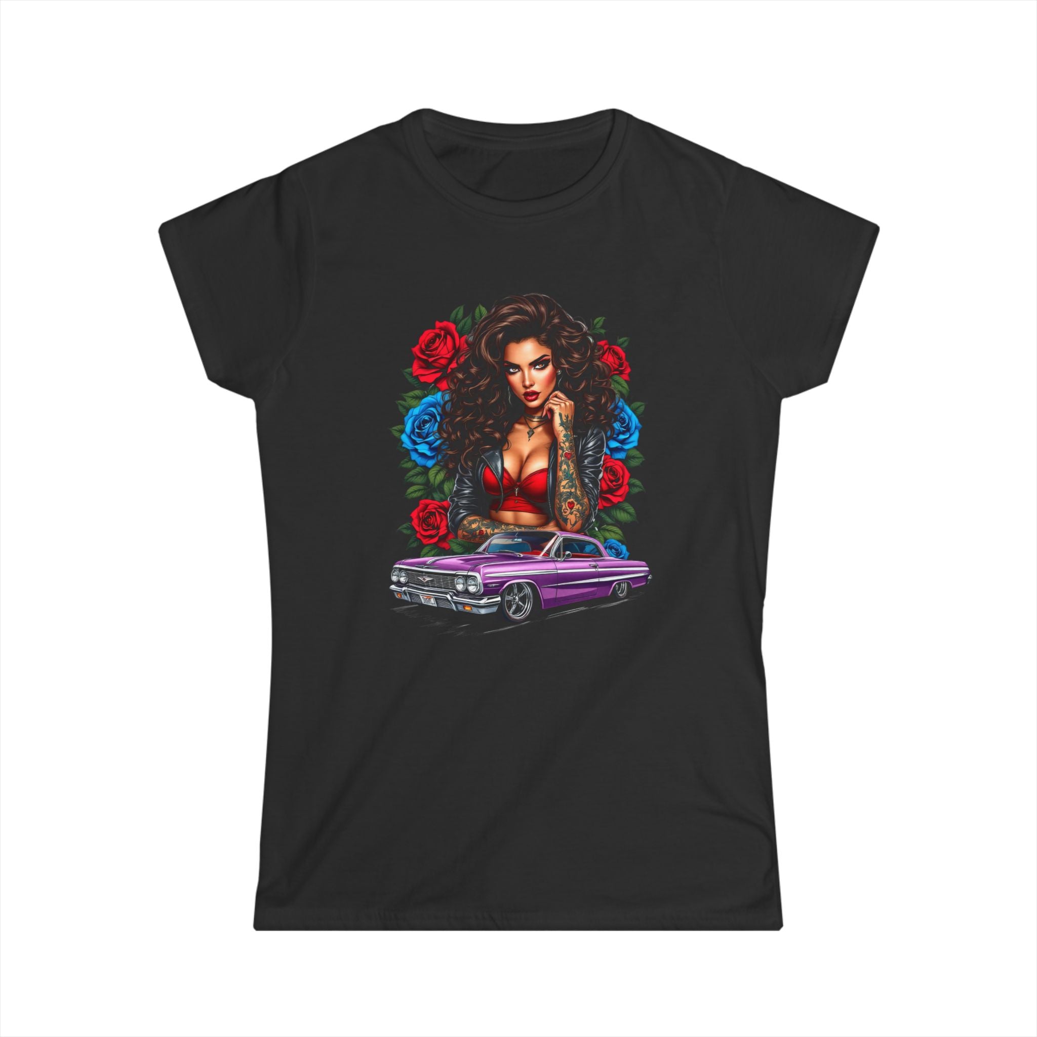 Lowrider Pinup Tee — Chicana Girl, Roses & Purple Classic Car Graphic Shirt Ladies