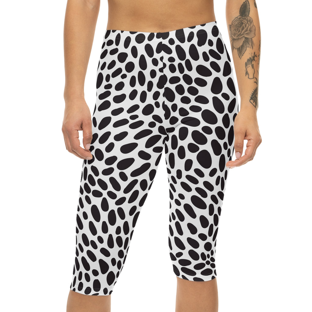 Black & White Dalmatian Spot Capri Leggings — Animal Print Women’s Activewear