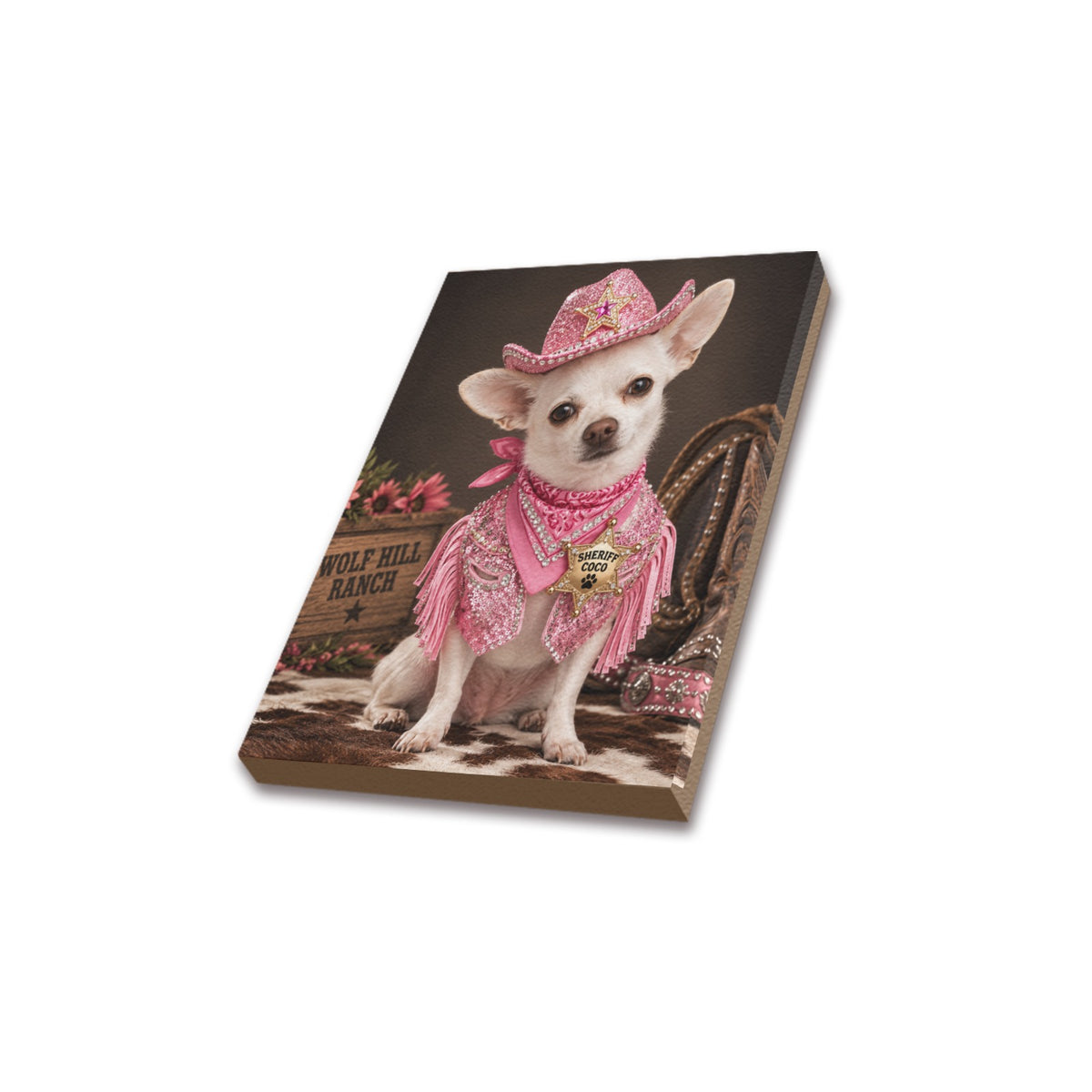 Frame Canvas Print 8"x10"(Made in USA)      Sheriff Coco Western Canvas Wall Art – Pink Cowgirl Chihuahua Ranch Decor – Western Dog Lover Home Decor