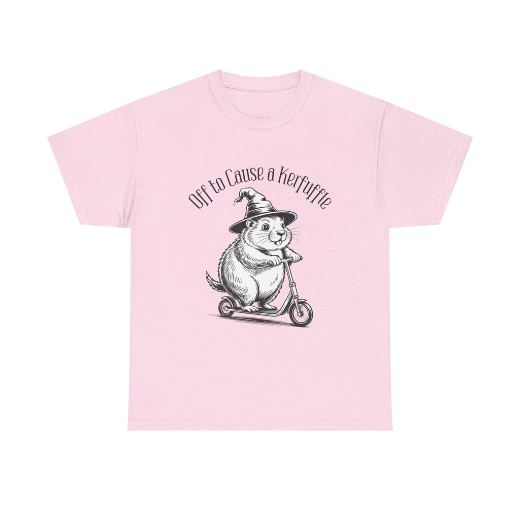 Groundhog Witch Scooter Tee — "Off to Cause a Kerfuffle" Graphic Shirt