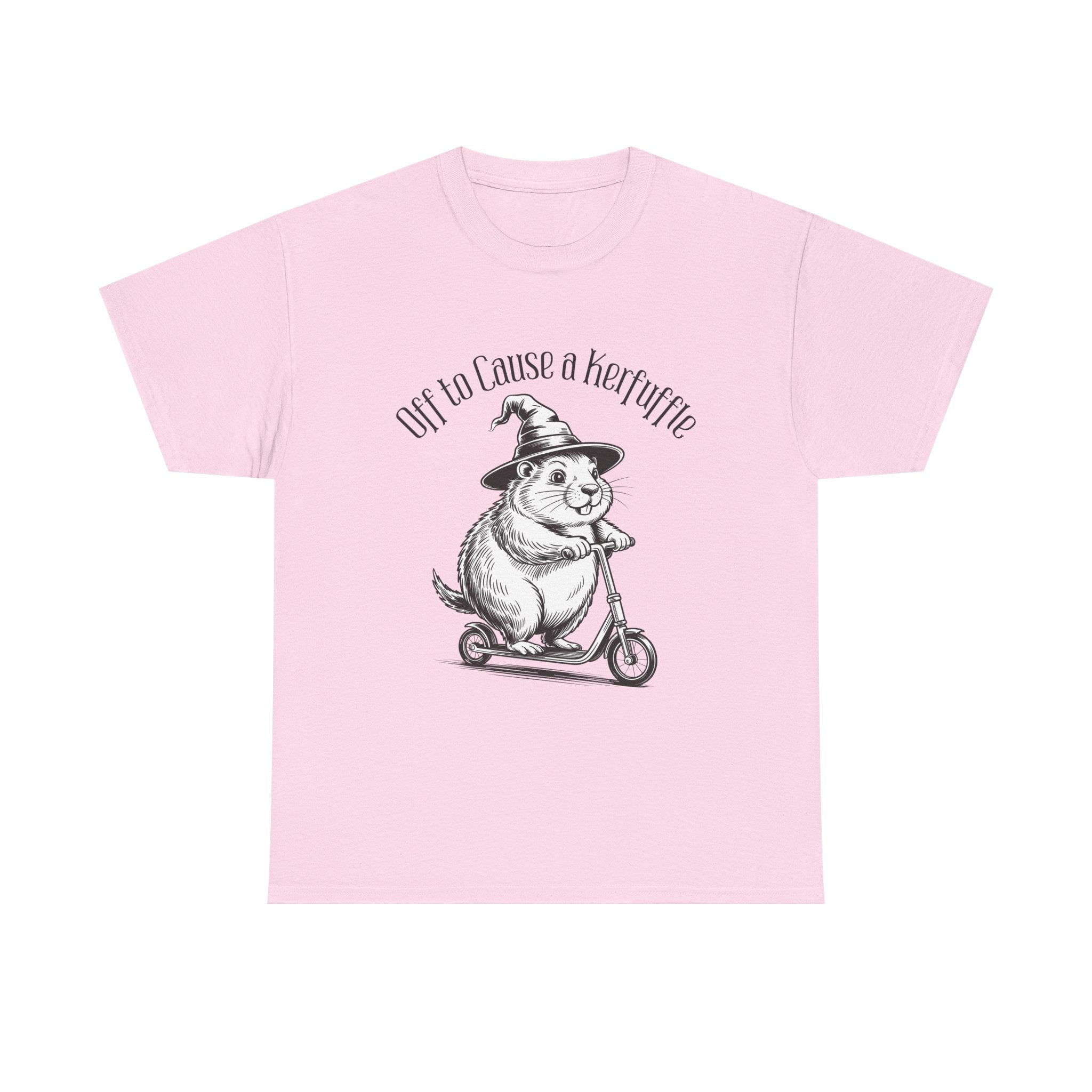 Groundhog Witch Scooter Tee — "Off to Cause a Kerfuffle" Graphic Shirt