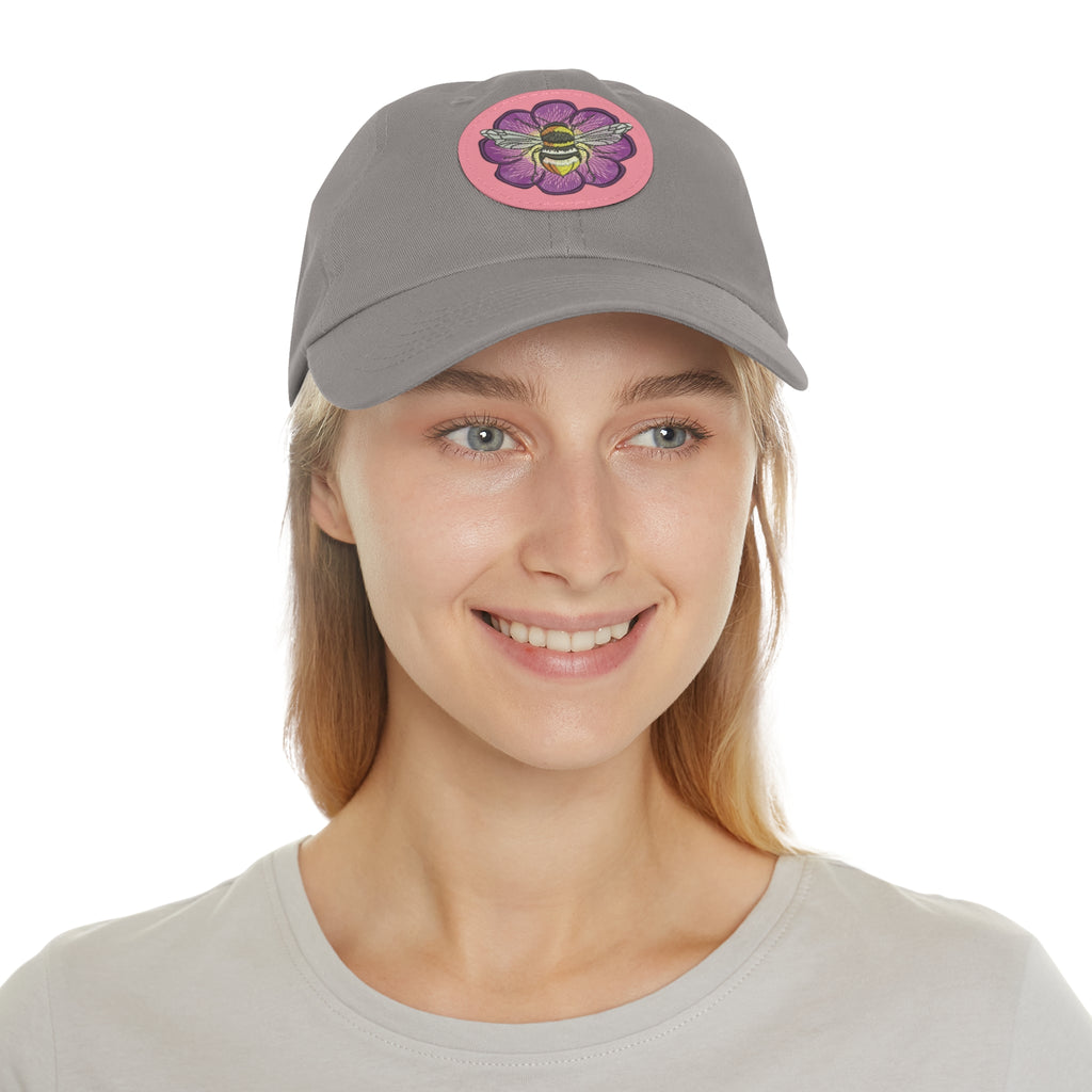 Bee on Purple Flower Leather Patch Dad Hat — Embroidered Nature Cap