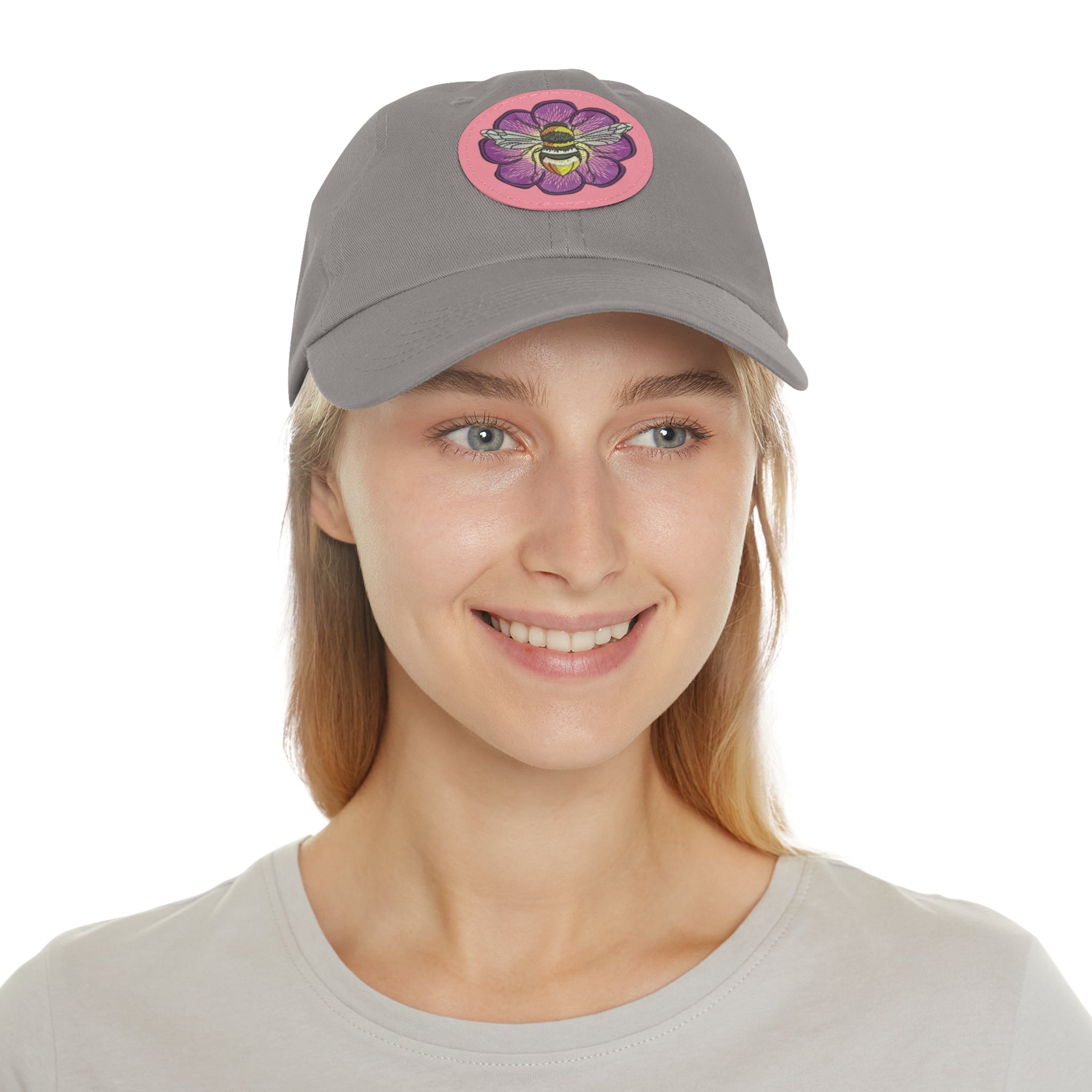 Bee on Purple Flower Leather Patch Dad Hat — Embroidered Nature Cap