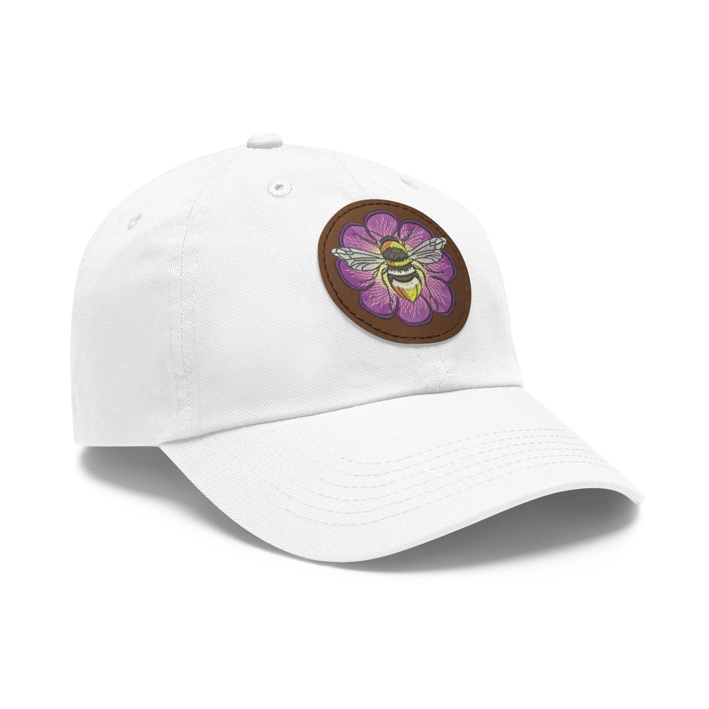 Bee on Purple Flower Leather Patch Dad Hat — Embroidered Nature Cap