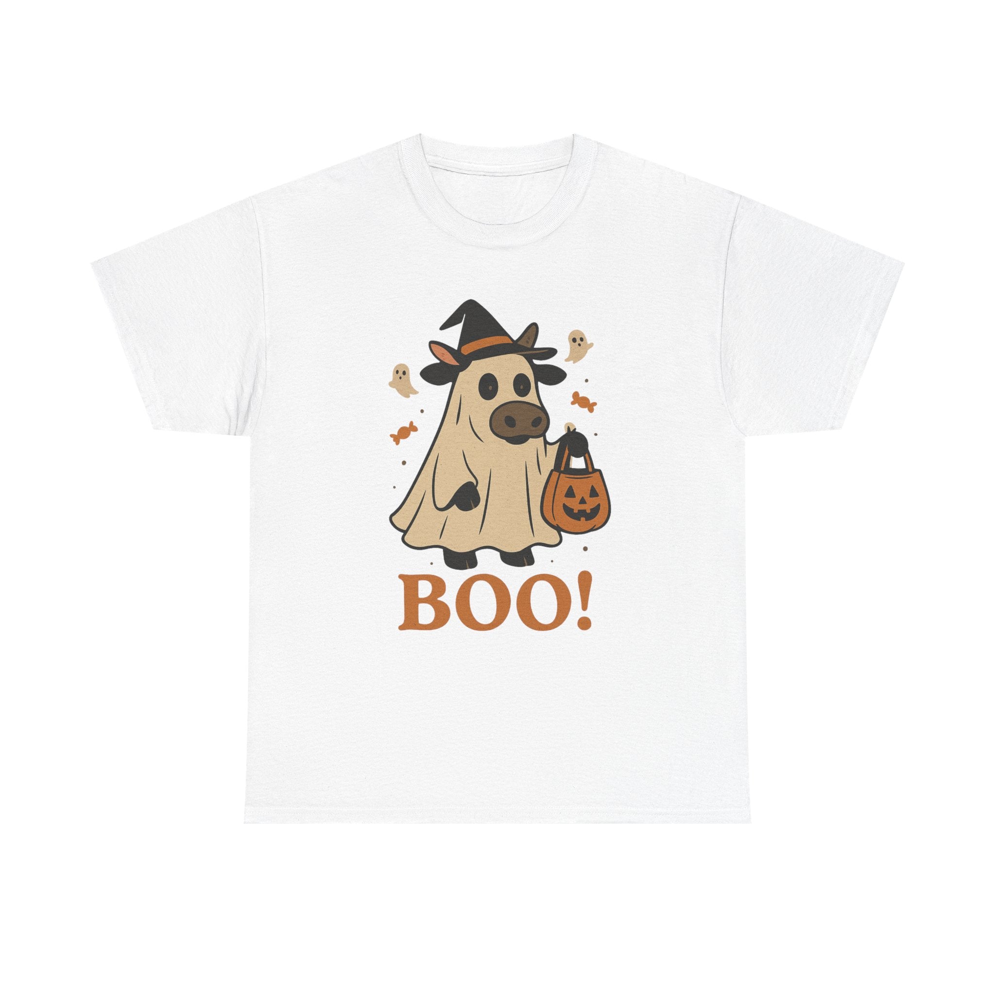 Halloween Ghost Cow Tee, Unisex Heavy Cotton T-Shirt, Cute Halloween Apparel, Spooky Cow Shirt, Fun Halloween Costume Top