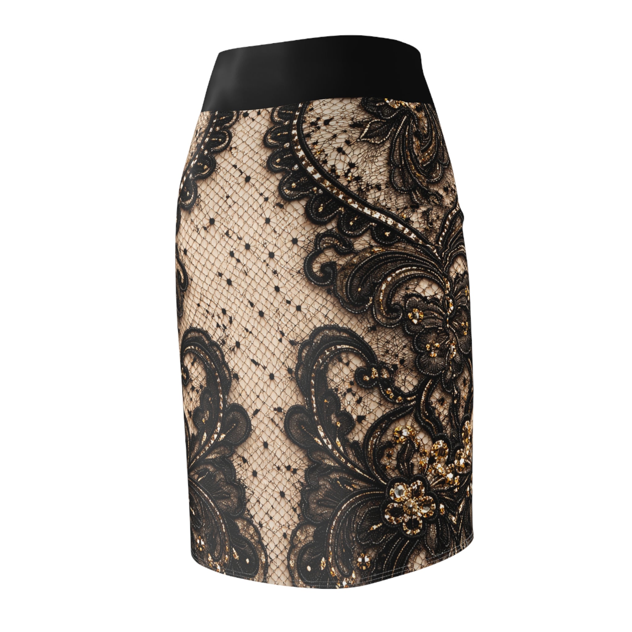 Lace Vintage Pencil Skirt — Black Floral Lace on Nude Sheer Print
