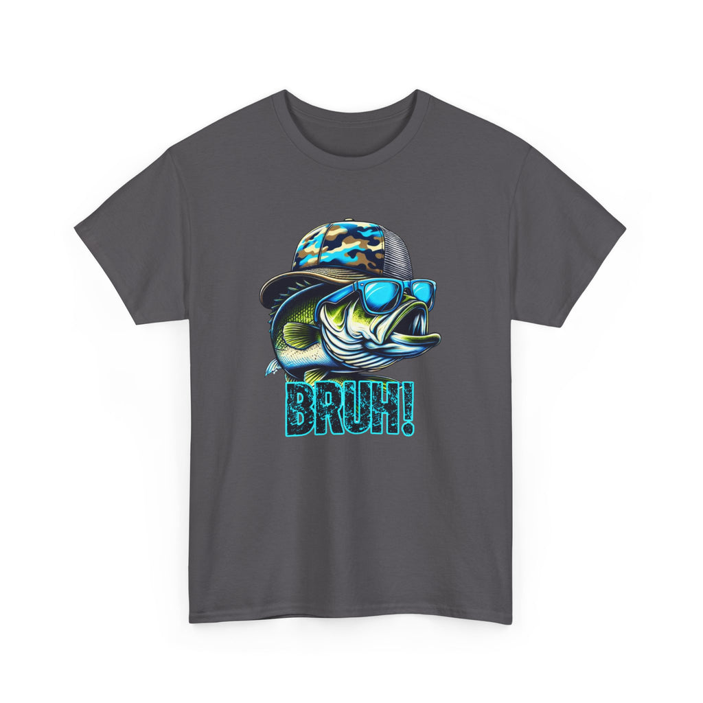 Fishing Fish Graphic Tee — 'BRUH!' Bass with Camo Hat & Sunglasses