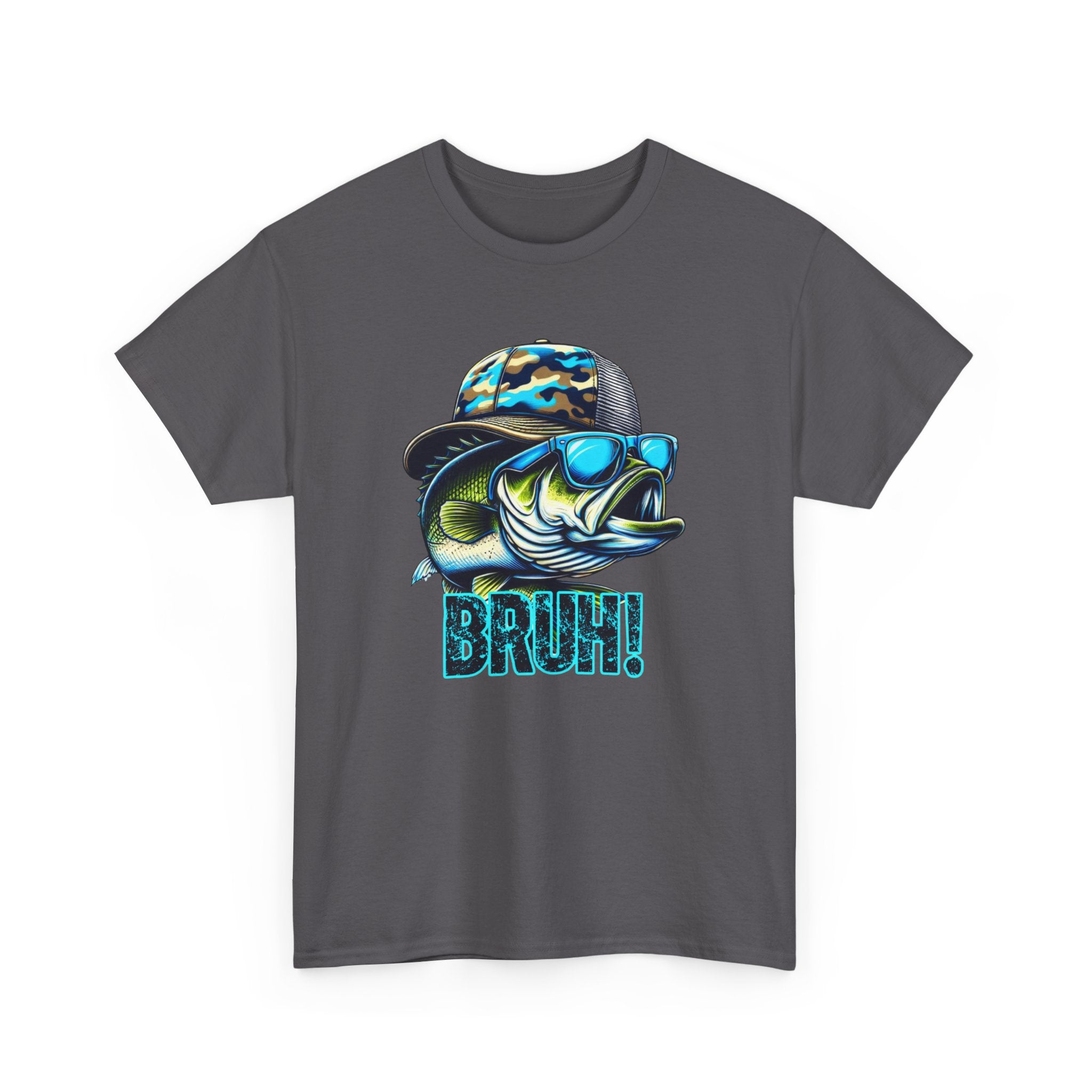 Fishing Fish Graphic Tee — 'BRUH!' Bass with Camo Hat & Sunglasses
