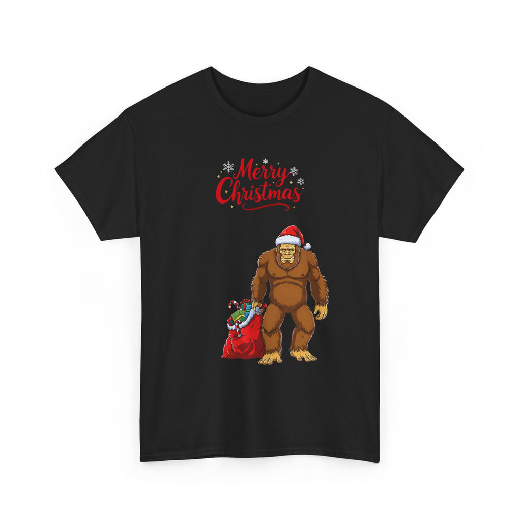 Christmas Sasquatch T-Shirt — "Merry Christmas" Bigfoot with Santa Hat & Gift Sack