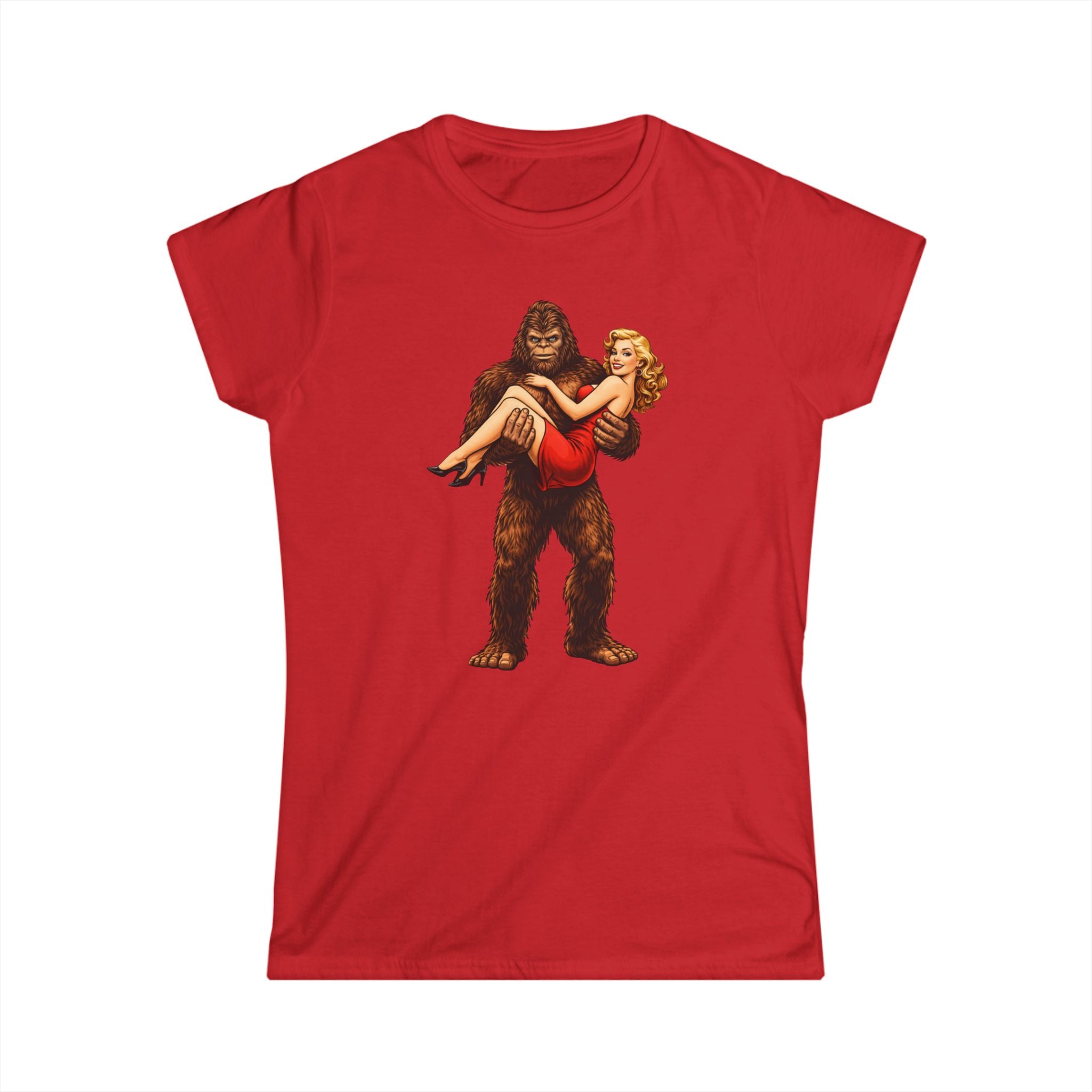 Bigfoot Carrying Pin-Up Girl T-Shirt — Retro Sasquatch Vintage Pinup Tee