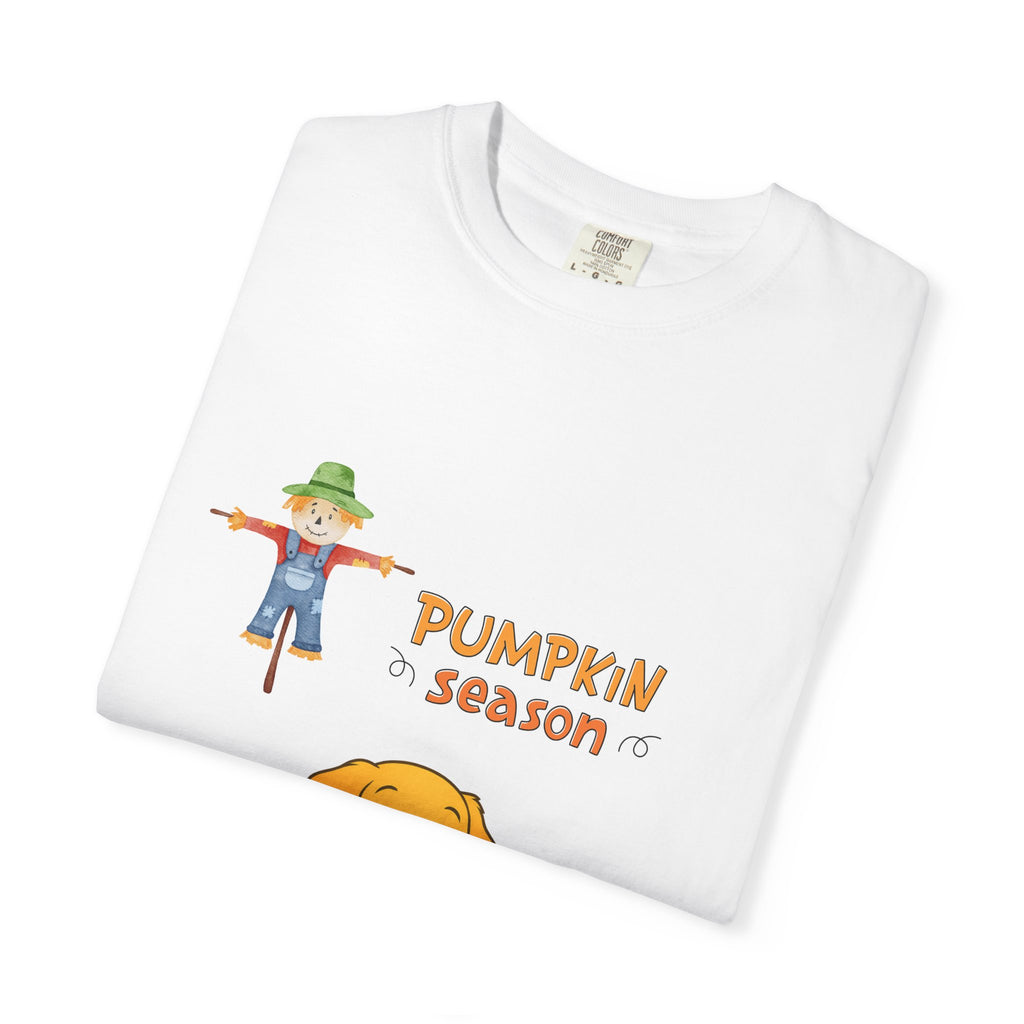 Fall Pumpkin Season Unisex T-Shirt, Cute Autumn Tee, Harvest Shirt, Scarecrow Graphic Top, Dog Lover Apparel