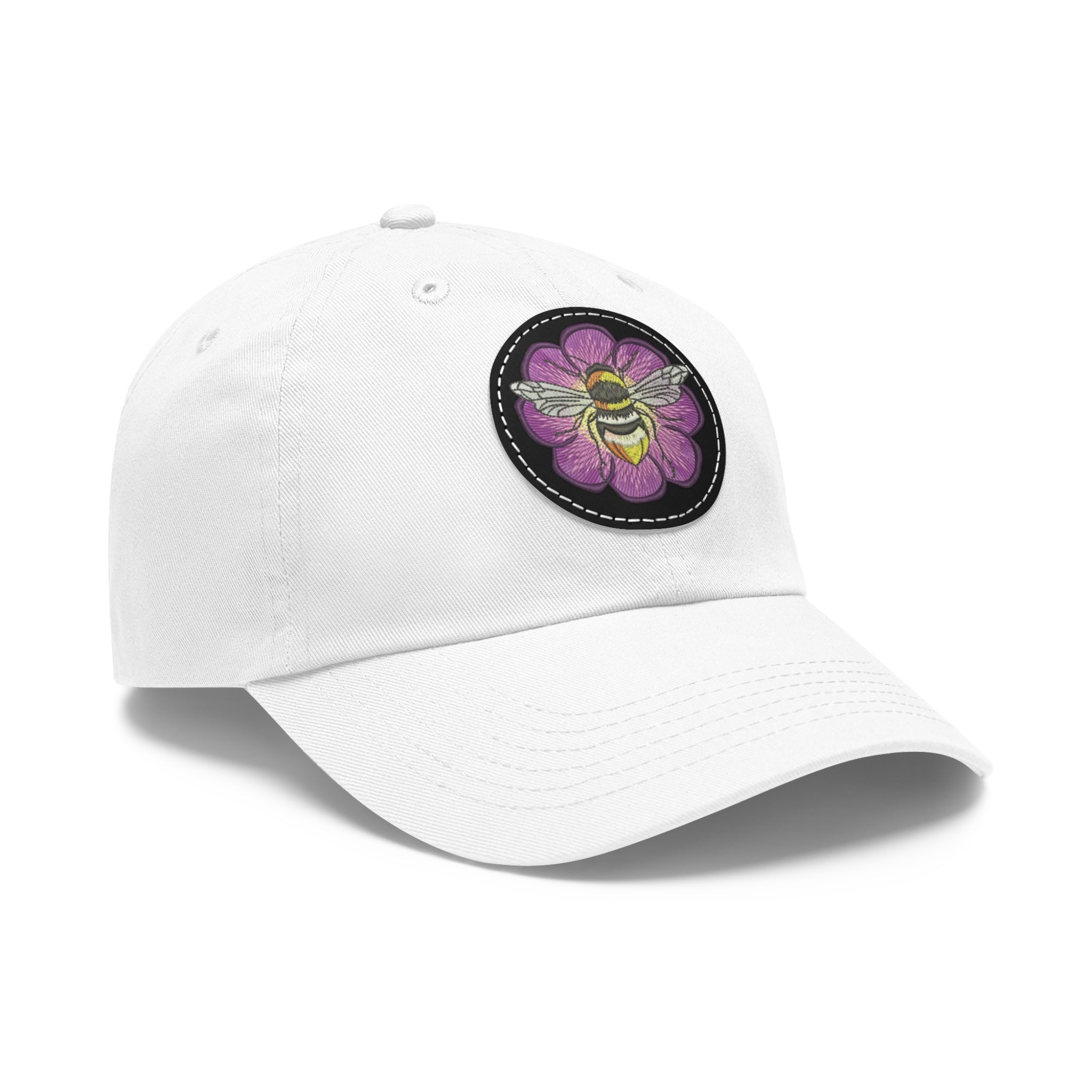 Bee on Purple Flower Leather Patch Dad Hat — Embroidered Nature Cap