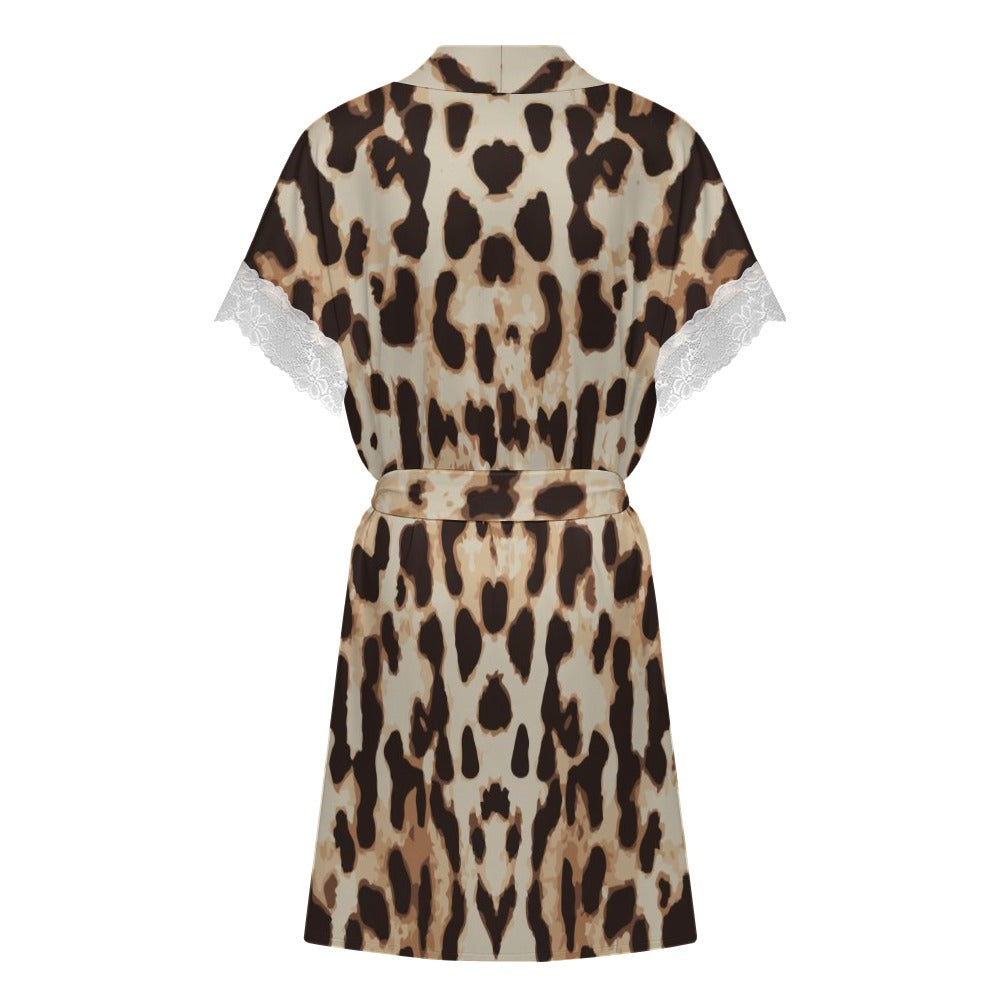 Wild Satin Seduction Women's lace-trimmed short-sleeved bathrobe with belt
