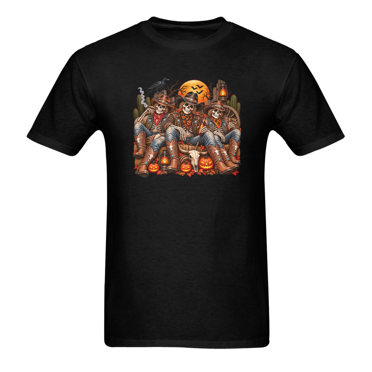 Western Outlaw Skeletons Men’s Halloween T-Shirt – Cowboy Ranch Spooky Graphic