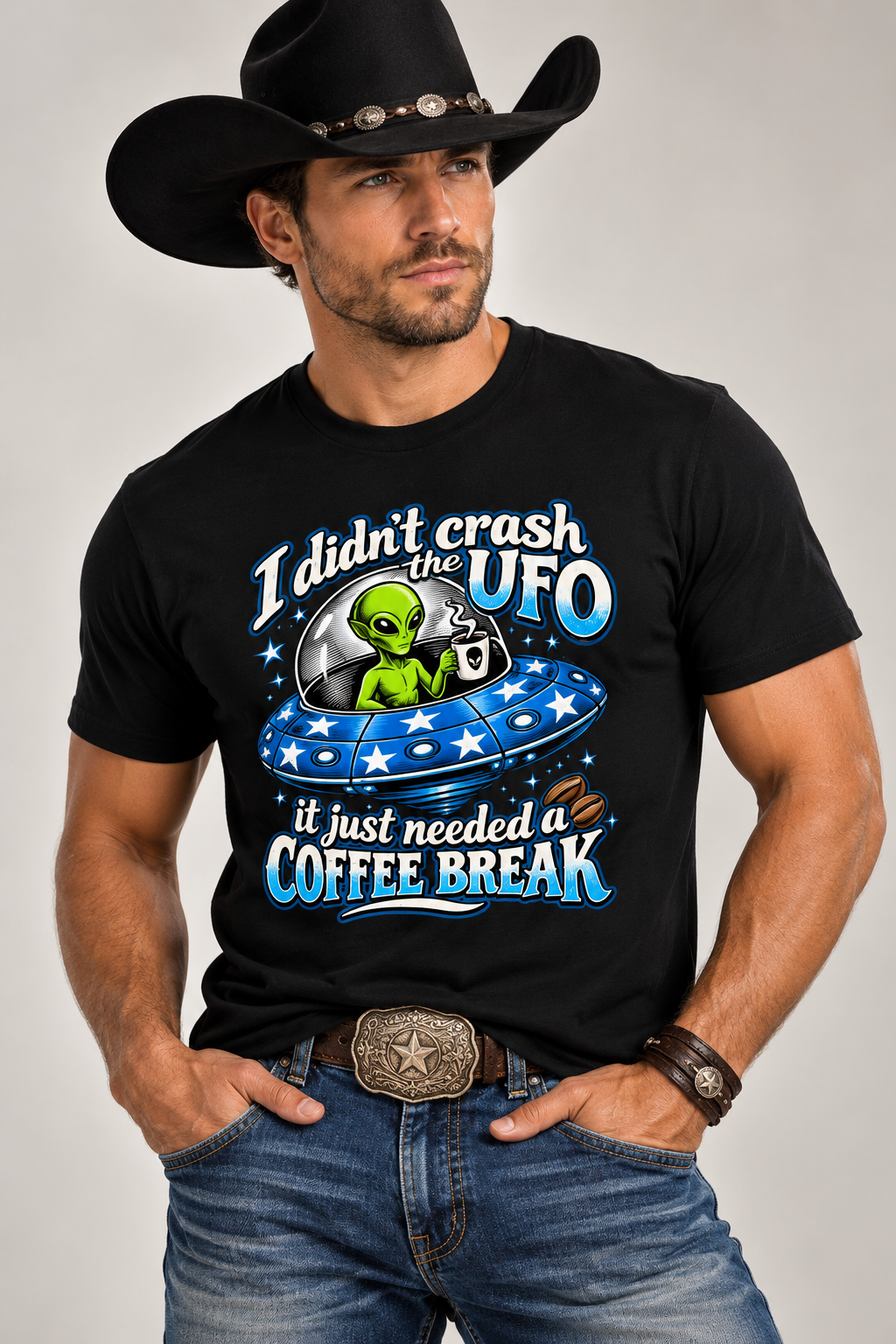 I Didn't Crash the UFO Unisex Tee  Funny Alien Coffee Break Graphic T-Shirt