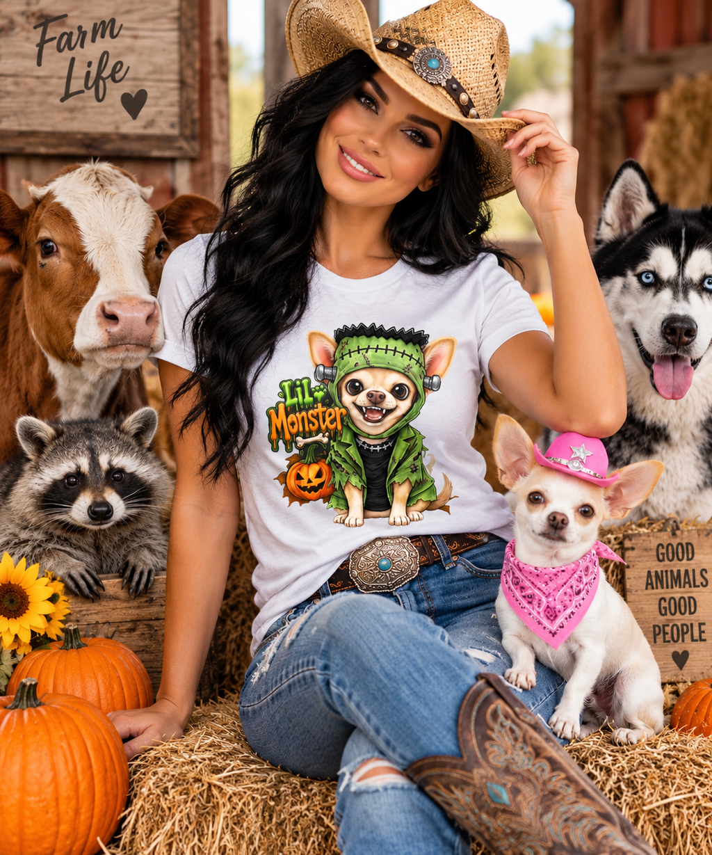 Lil Monster Chihuahua Halloween Ladies Tee   Inspired by Coco of Wolf Hill Ranch 🐾  🎃