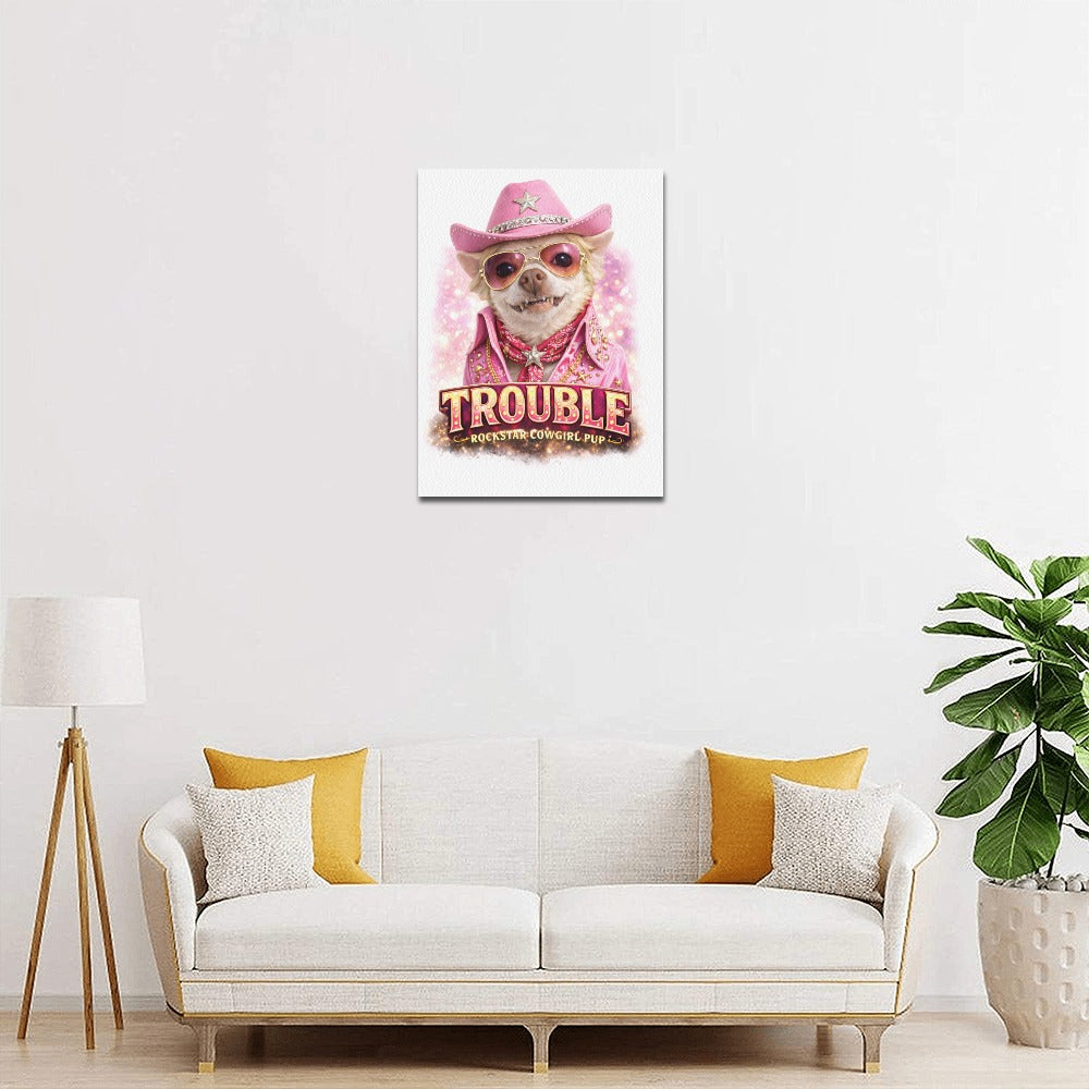 Coco "Trouble" – Rockstar Cowgirl Pup | Framed Canvas Print 11"x14"Coco "Trouble" – Rockstar Cowgirl Pup |