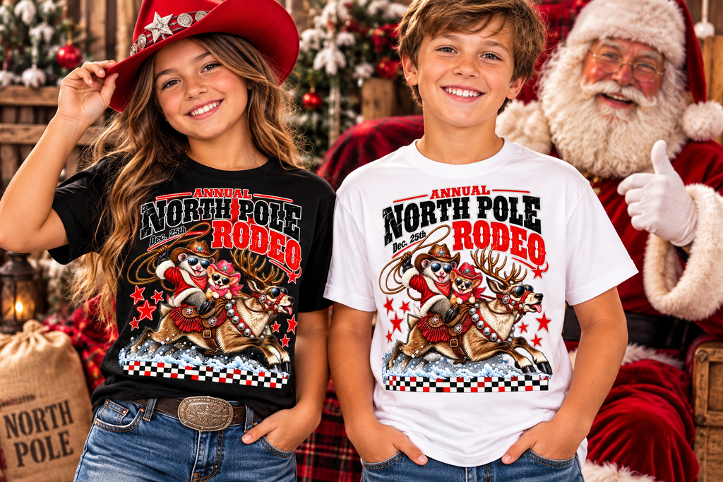Pete & Coco North Pole Rodeo Youth T-Shirt  Western Christmas Reindeer Holiday Tee