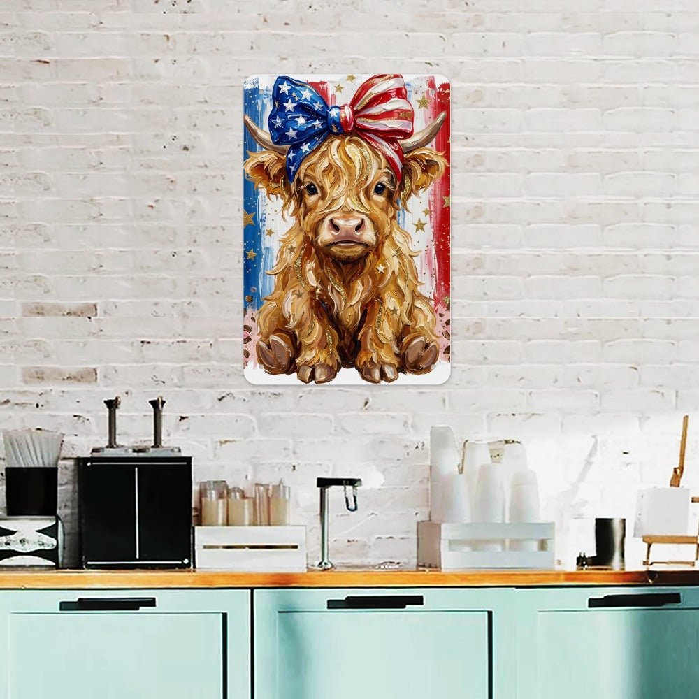 Patriotic Highland Cow Tin Sign Custom Iron Wall Art Made  in USA