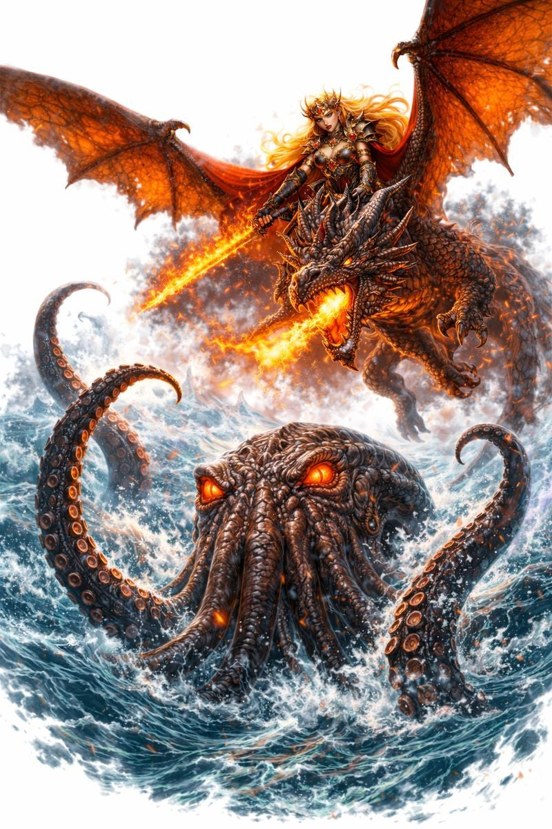 Drusilla, the Dragon Warrior Goddess, rises above the depths as ancient mermaids