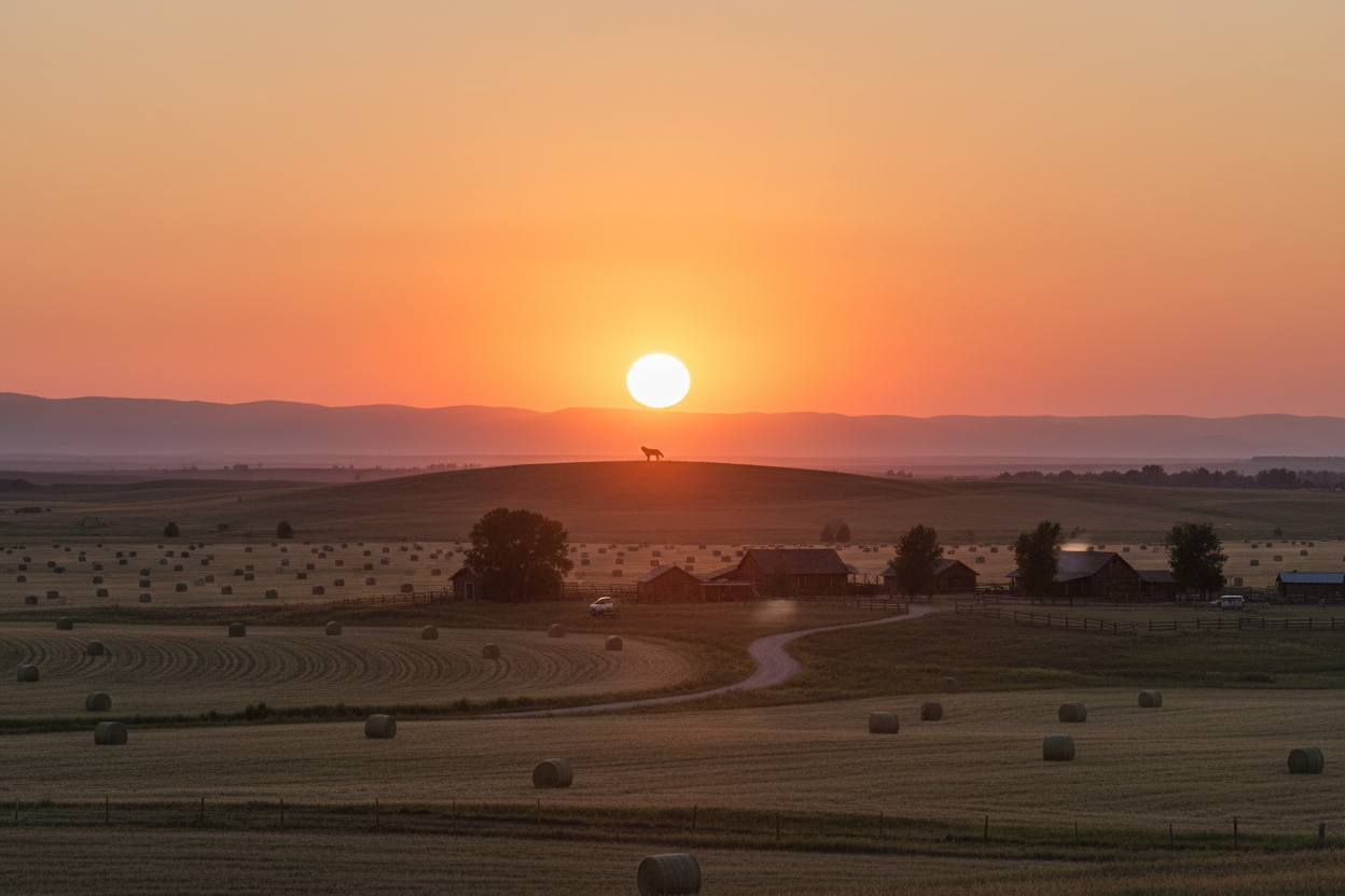 a ranch at sunset with a wolf on a hill, and rolling fields of hay